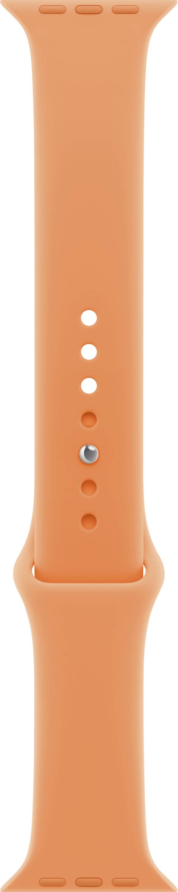 Ein orangefarbenes Silikonarmband mit verstellbaren Löchern, vertikal von Ende zu Ende dargestellt.