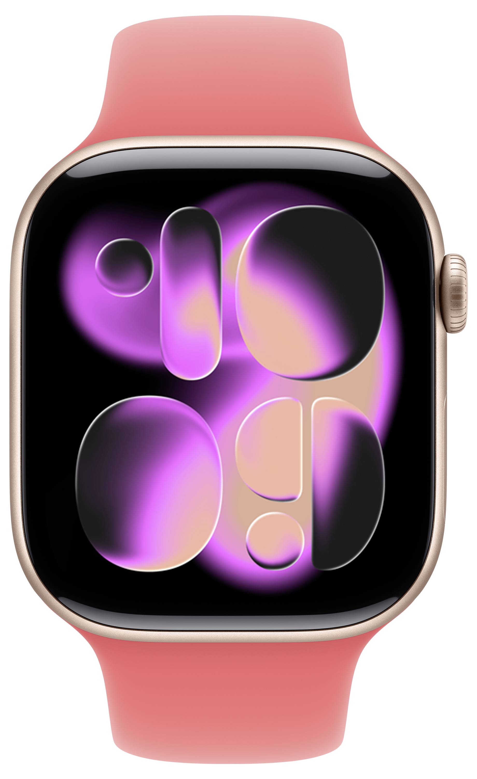 Smartwatch mit einem rosa Armband, das abstrakte Formen und Farben auf dem Bildschirm anzeigt.
