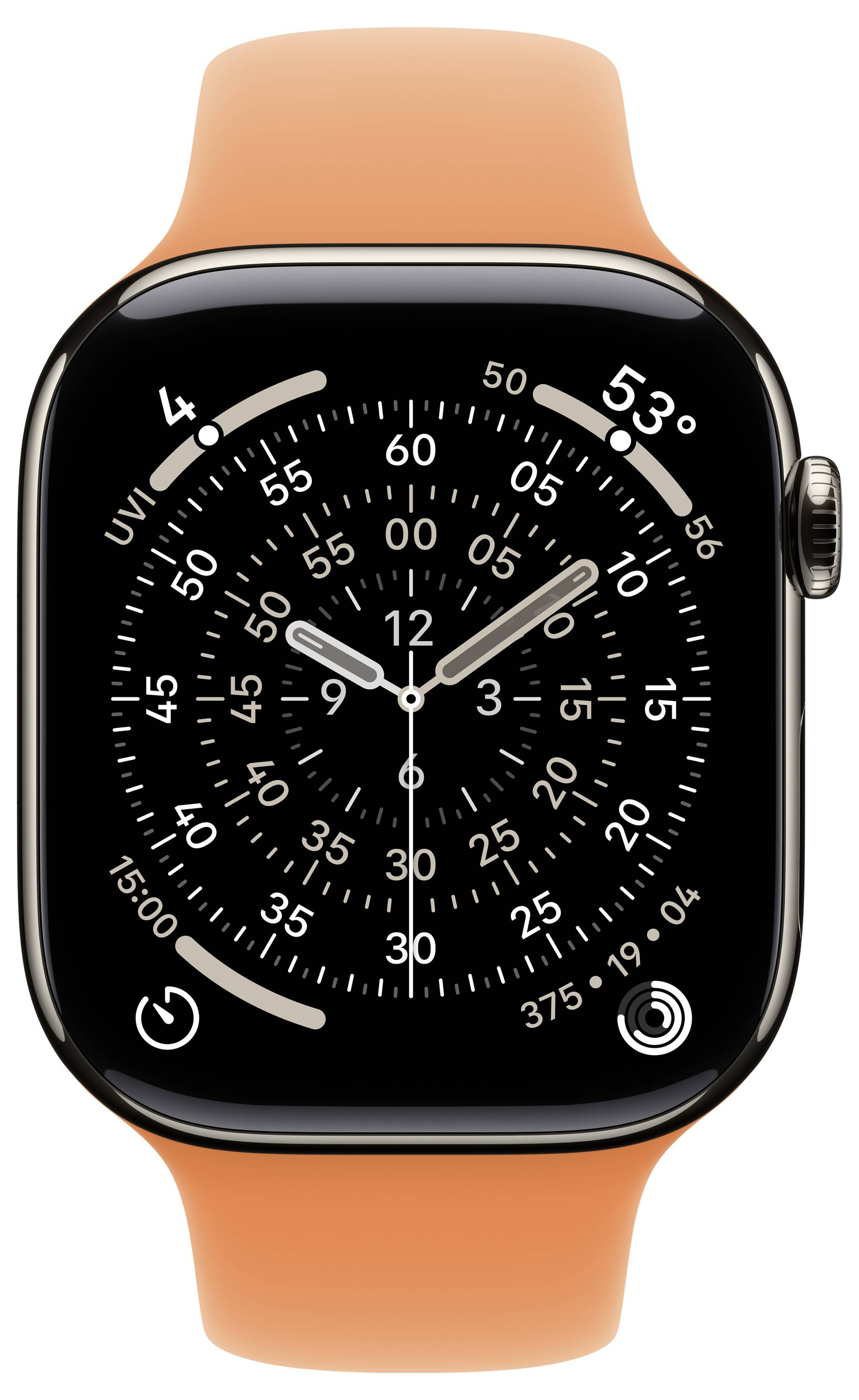 Eine Smartwatch zeigt die Uhrzeit in einem analogen Format mit verschiedenen numerischen und grafischen Indikatoren an. Das Armband ist orange.