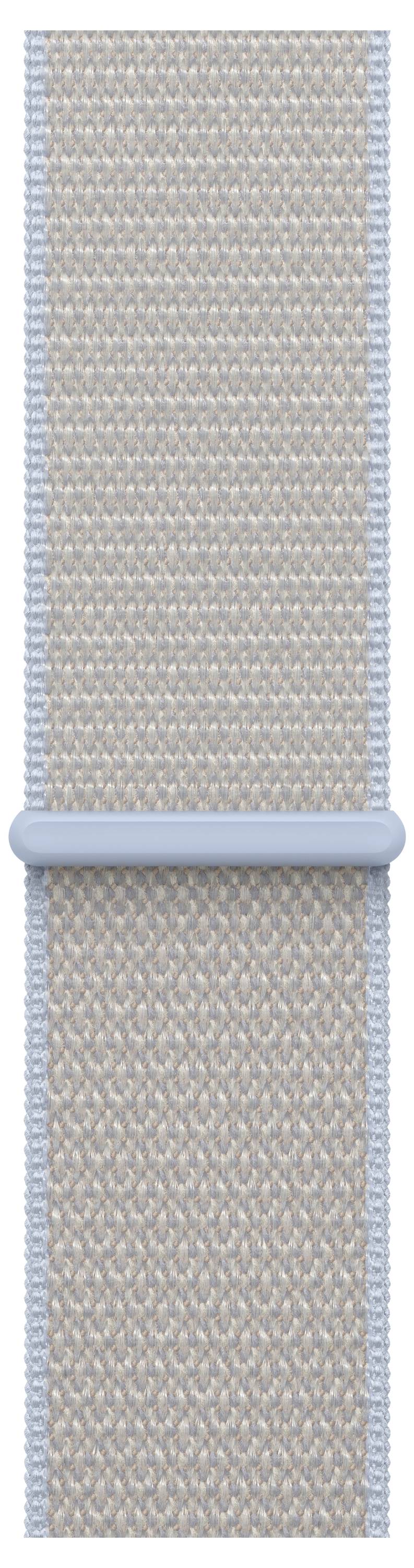 Eine Nahaufnahme eines hellgrauen, strukturierten Stoffs-Gürtels mit einer kleinen blauen Schlaufe, die daran befestigt ist.