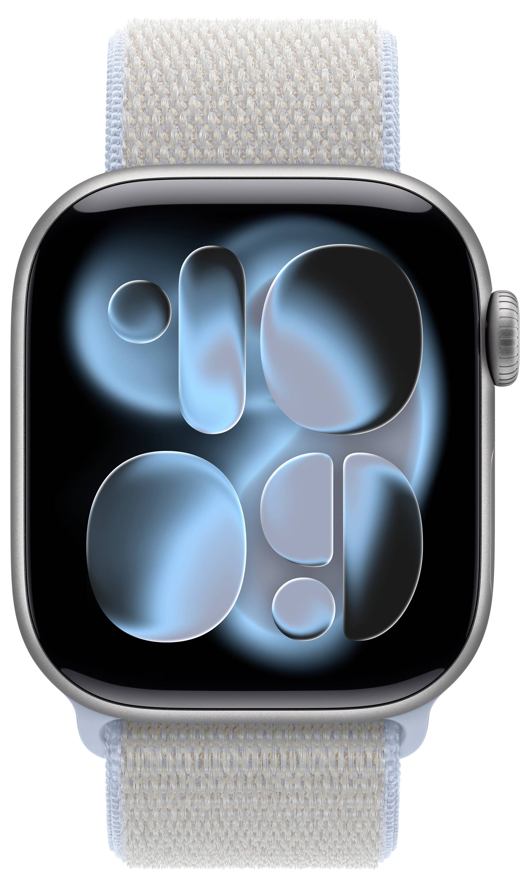 Smartwatch mit einem blauen abstrakten Design auf dem Bildschirm und einem hellgrauen gewebten Armband.