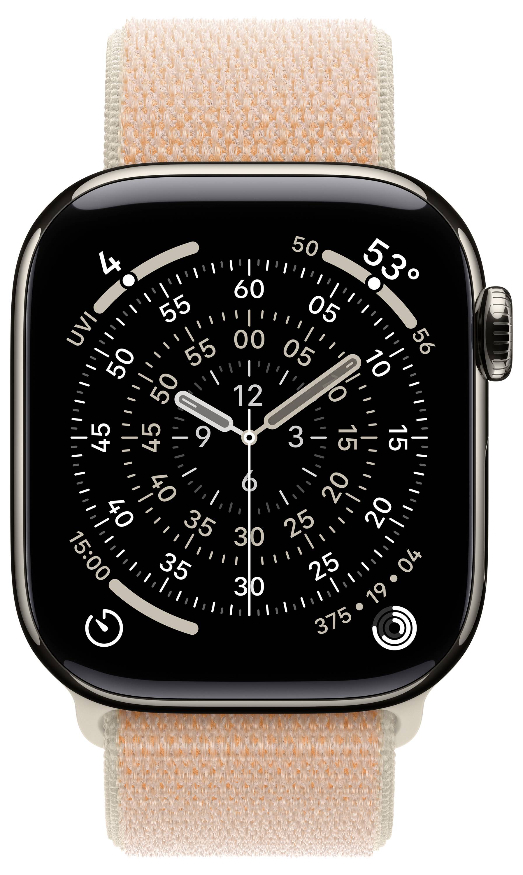 Eine intelligente Uhr mit einem analogen Zifferblatt, die Sekunden-, Minuten- und Stundenzeiger anzeigt. Das Wetter zeigt „53°