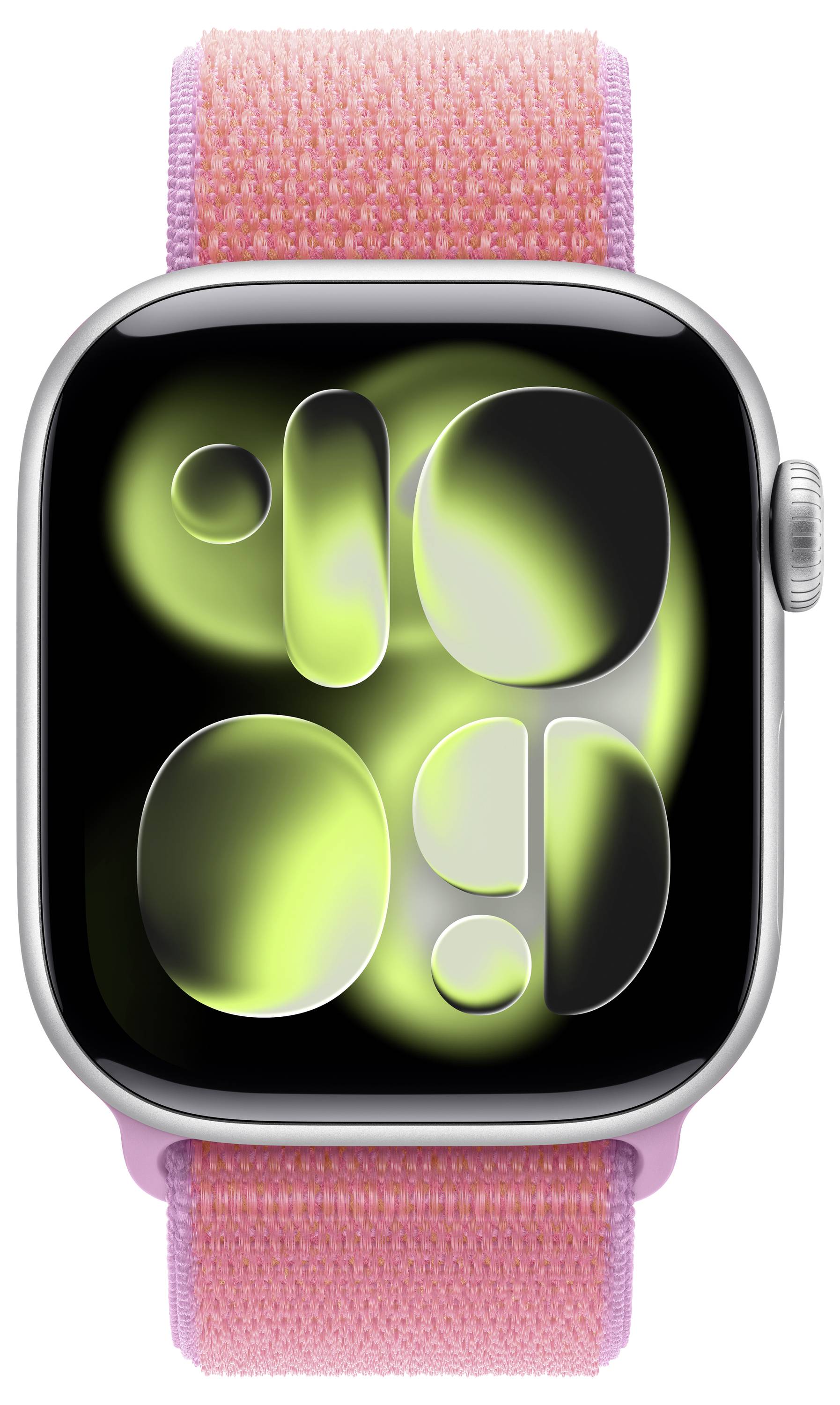 Eine Smartwatch mit rosa Armband zeigt ein Display mit abstrakten grünen Formen auf schwarzem Hintergrund und verbindet Technologie mit modernem Design.