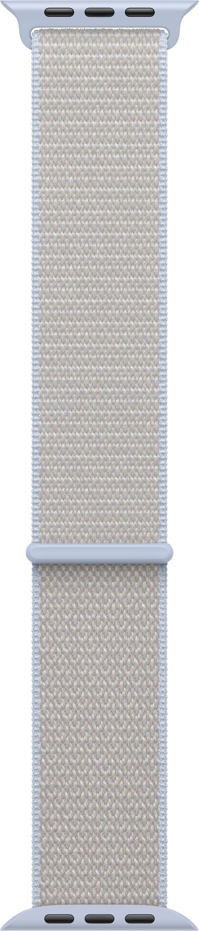 Ein hellblauues Smartwatch-Armband aus Webstoff mit einem einfachen geometrischen Muster.