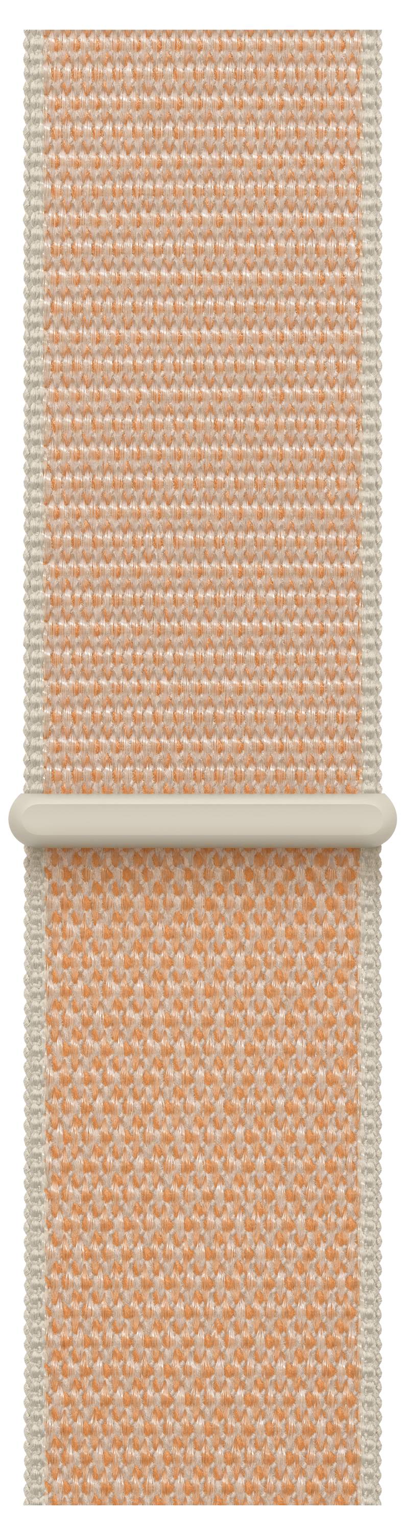 Ein orange gewebtes Uhrenarmband mit einer rechteckigen beigen Schnalle wird vertikal gezeigt. Die Textur ist weich mit einem detaillierten Strickmuster.