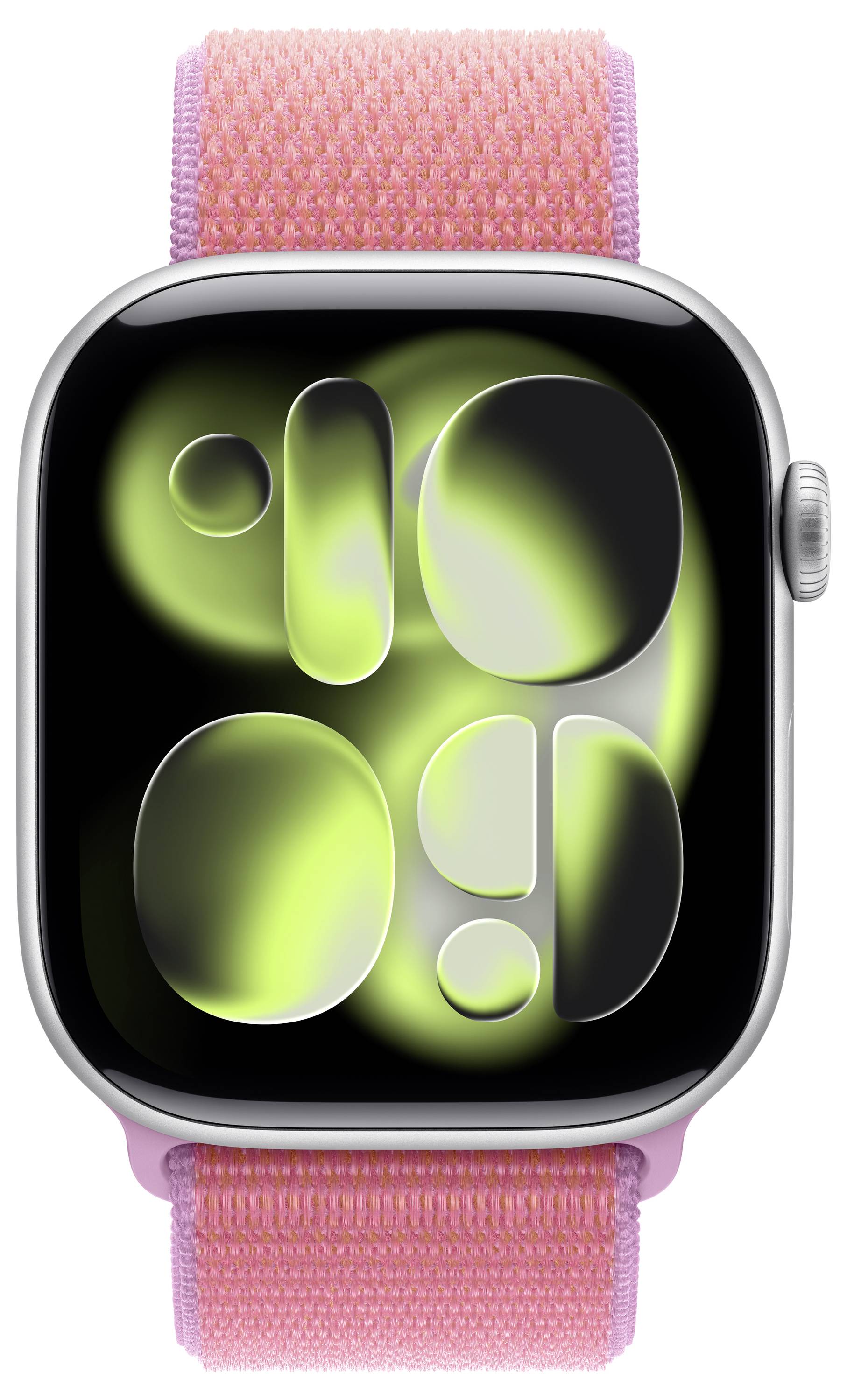 Smartwatch mit neongrünem abstraktem Design auf dem Display und rosa Stoffarmband.