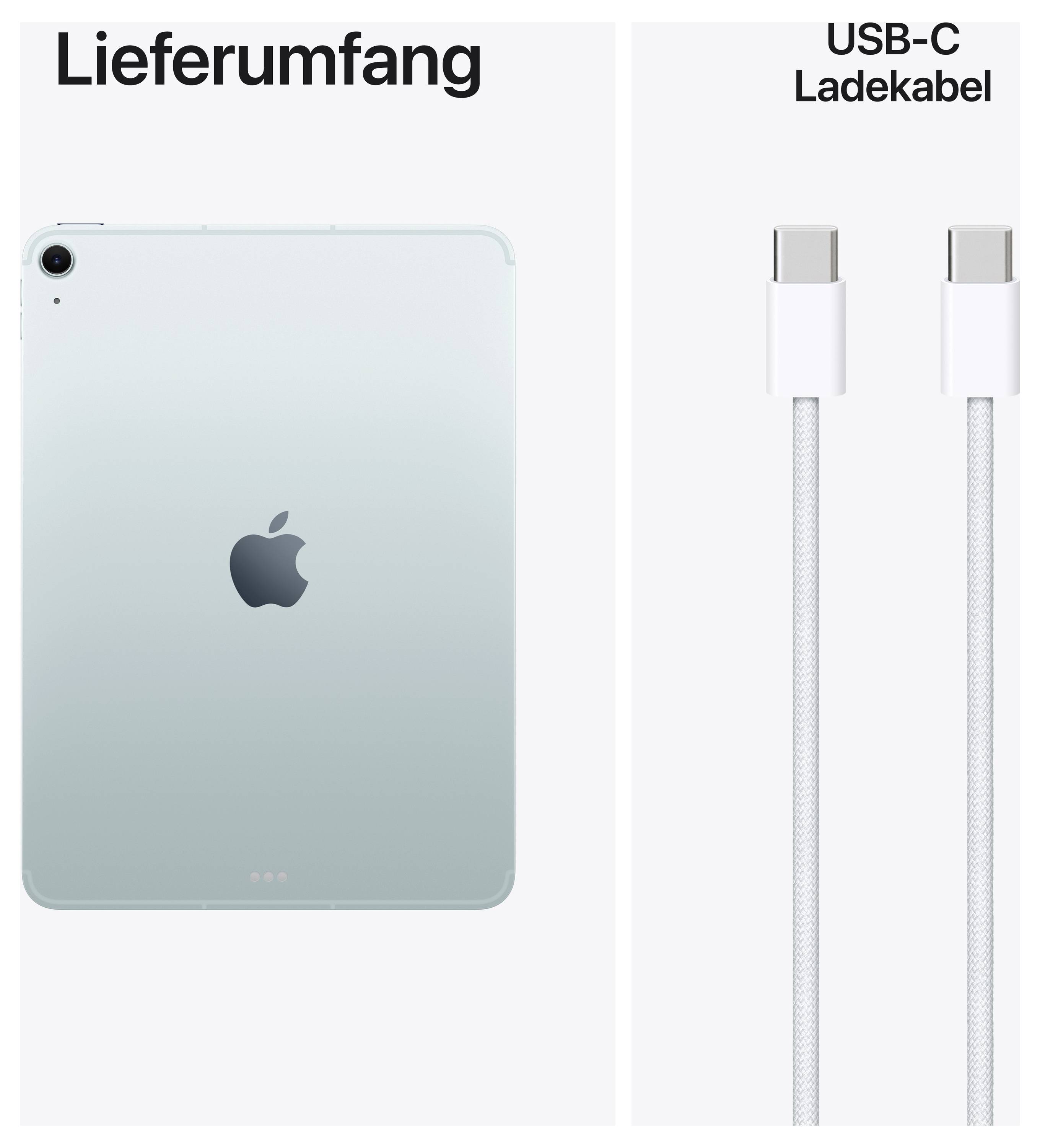 iPad Rückseite in Grün und USB-C Ladekabel sind abgebildet. Text sagt 'Lieferumfang'.