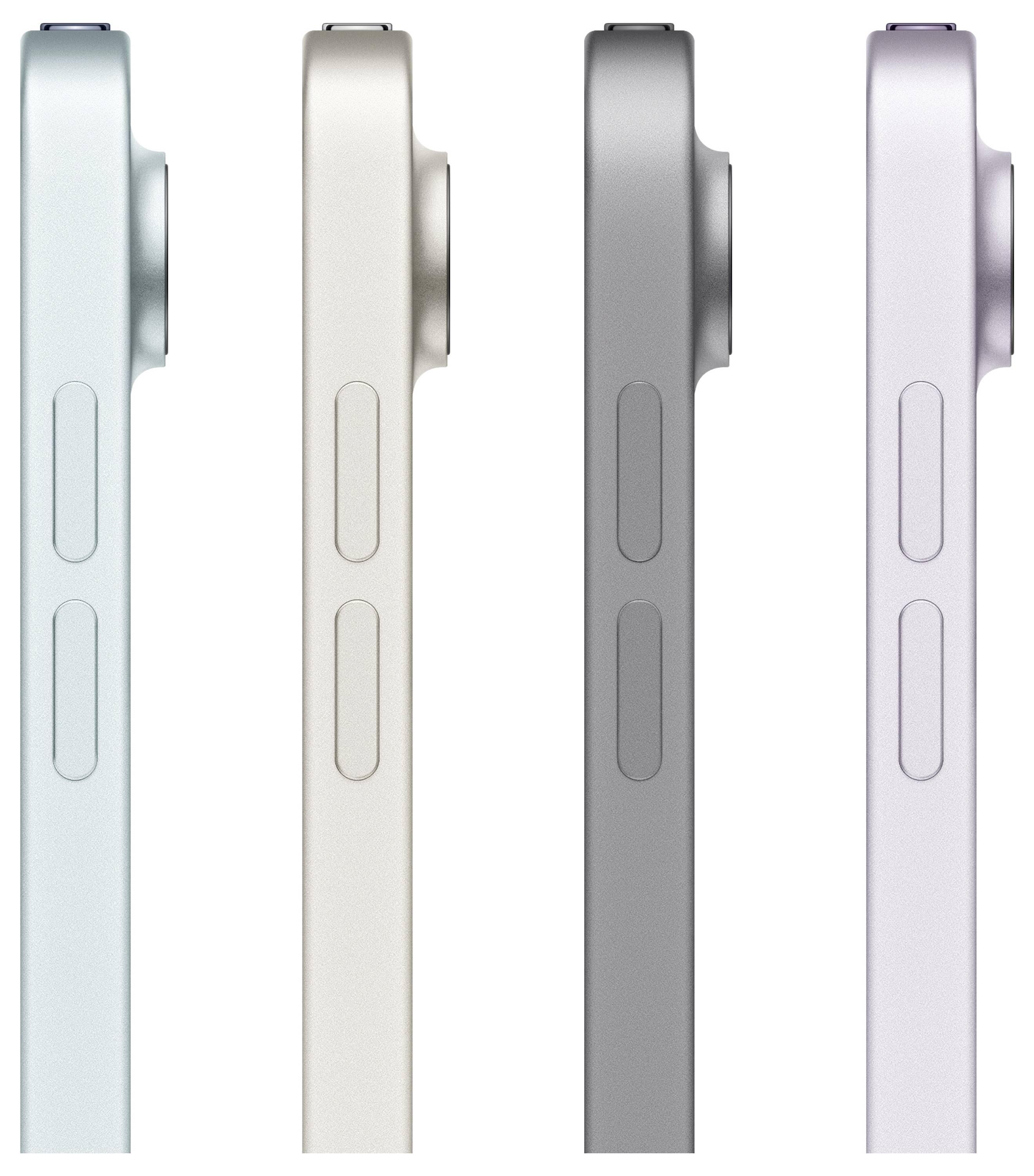 Seitenansicht von vier Smartphones in Pastellfarben (Hellblau, Beige, Grau und Hellviolett), mit Fokus auf die Kamerabuckel und Tasten.