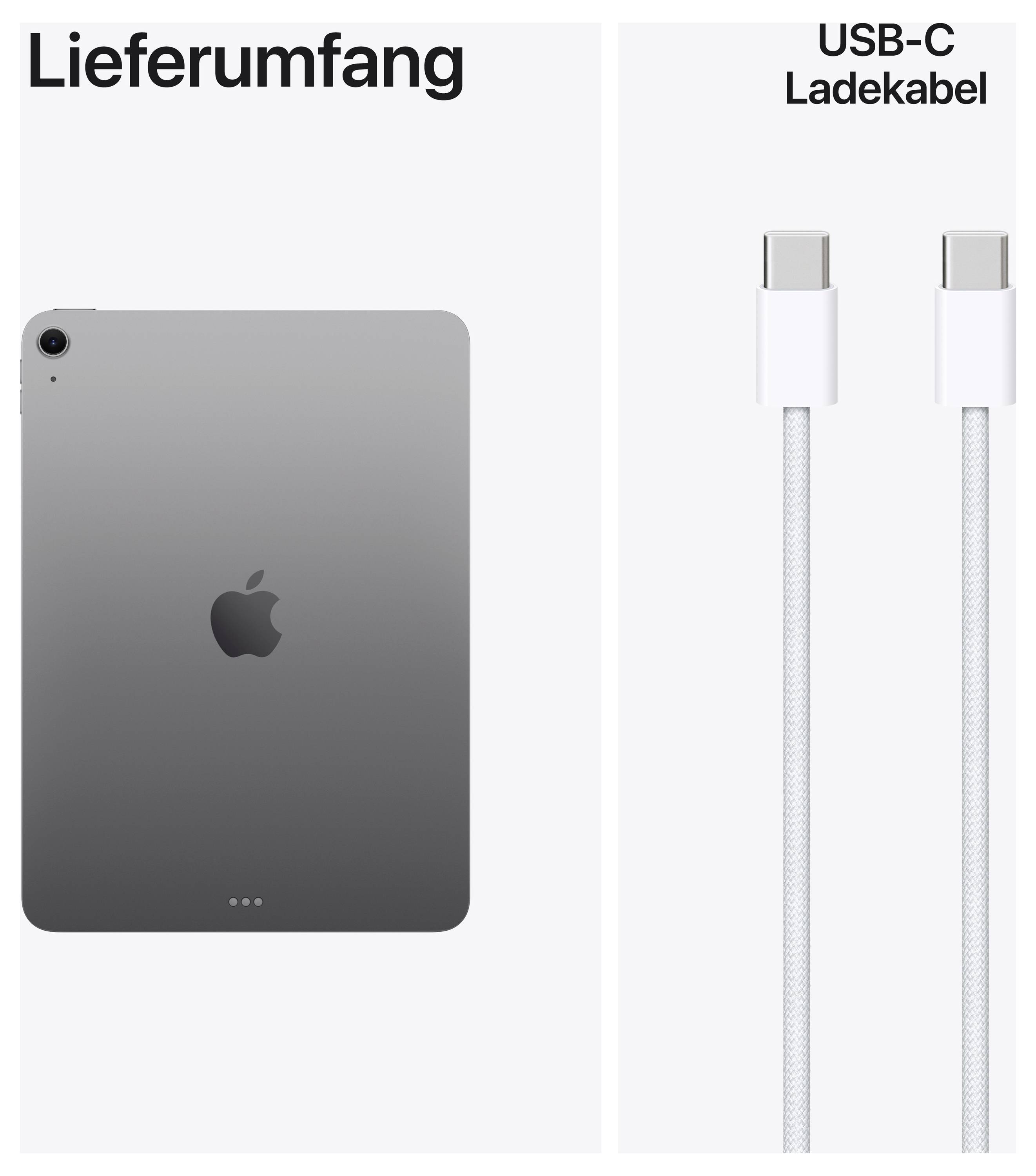 Das Bild zeigt ein Tablet und ein USB-C-Ladekabel nebeneinander. Links das Tablet mit Kamera oben links, rechts das Ladekabel.