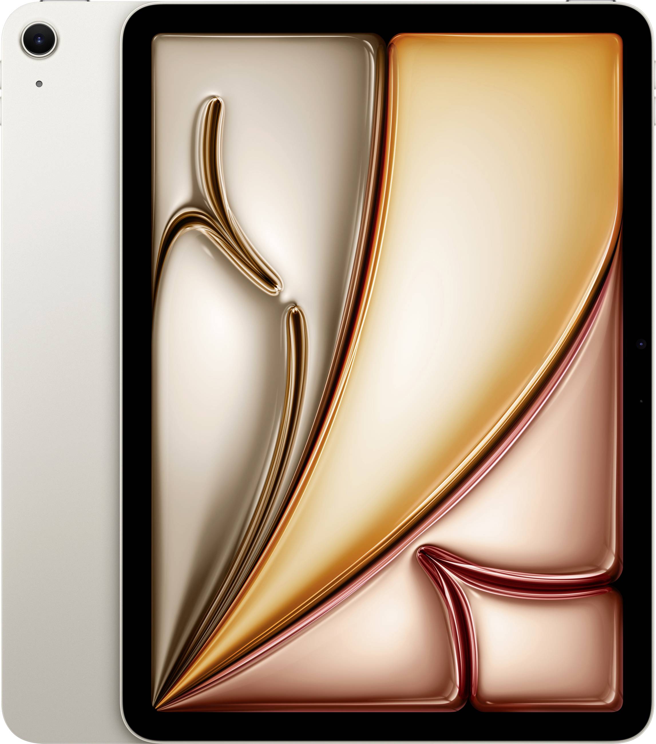 Ein Tablet mit abstraktem Hintergrundbild, das sanfte, fließende Formen in Gold-, Beige- und Rottönen zeigt. Das Tablet hat ein minimalistisches Design.