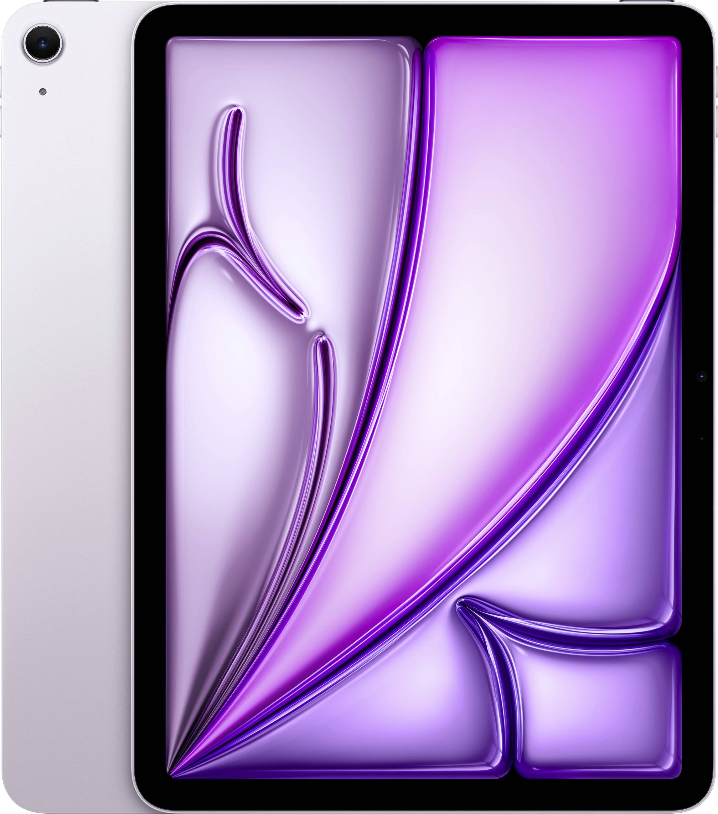 Ein Tablet mit einem violetten abstrakten Design auf dem Bildschirm, platziert vor einem weißen Hintergrund. Das Design besteht aus geschwungenen und eckigen Formen.