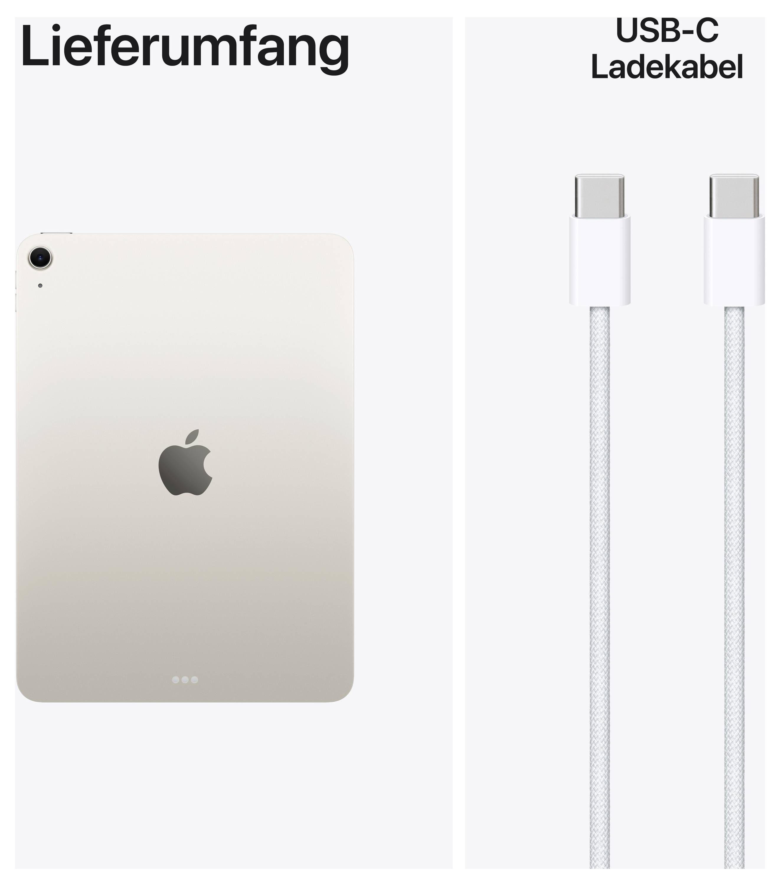 'Lieferumfang' zeigt ein Apple iPad von hinten und ein USB-C-Ladekabel.