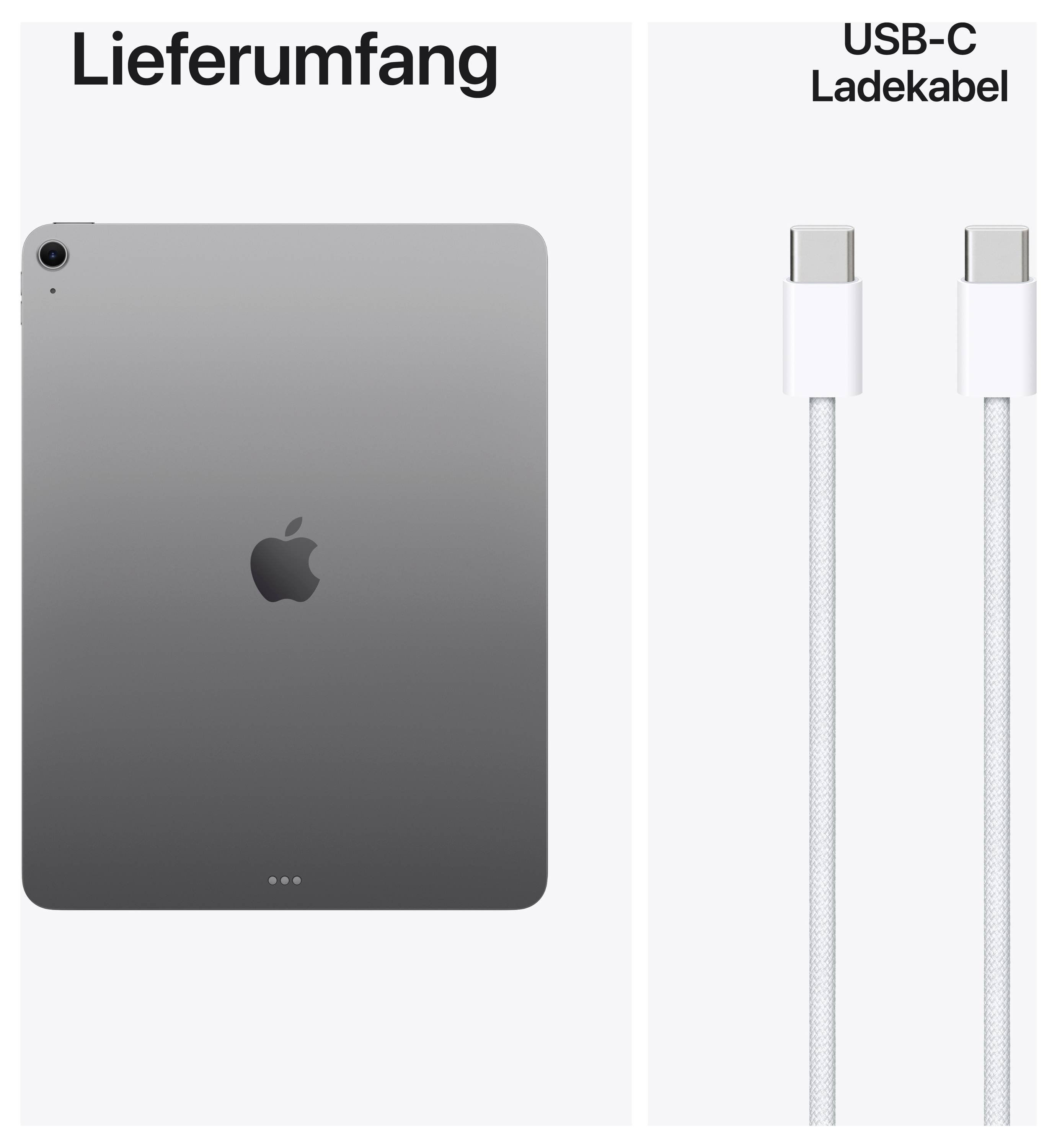 Lieferumfang: abgebildet ist ein Tablet-Rückseite links und ein USB-C-Ladekabel rechts, auf weißem Hintergrund gezeigt.