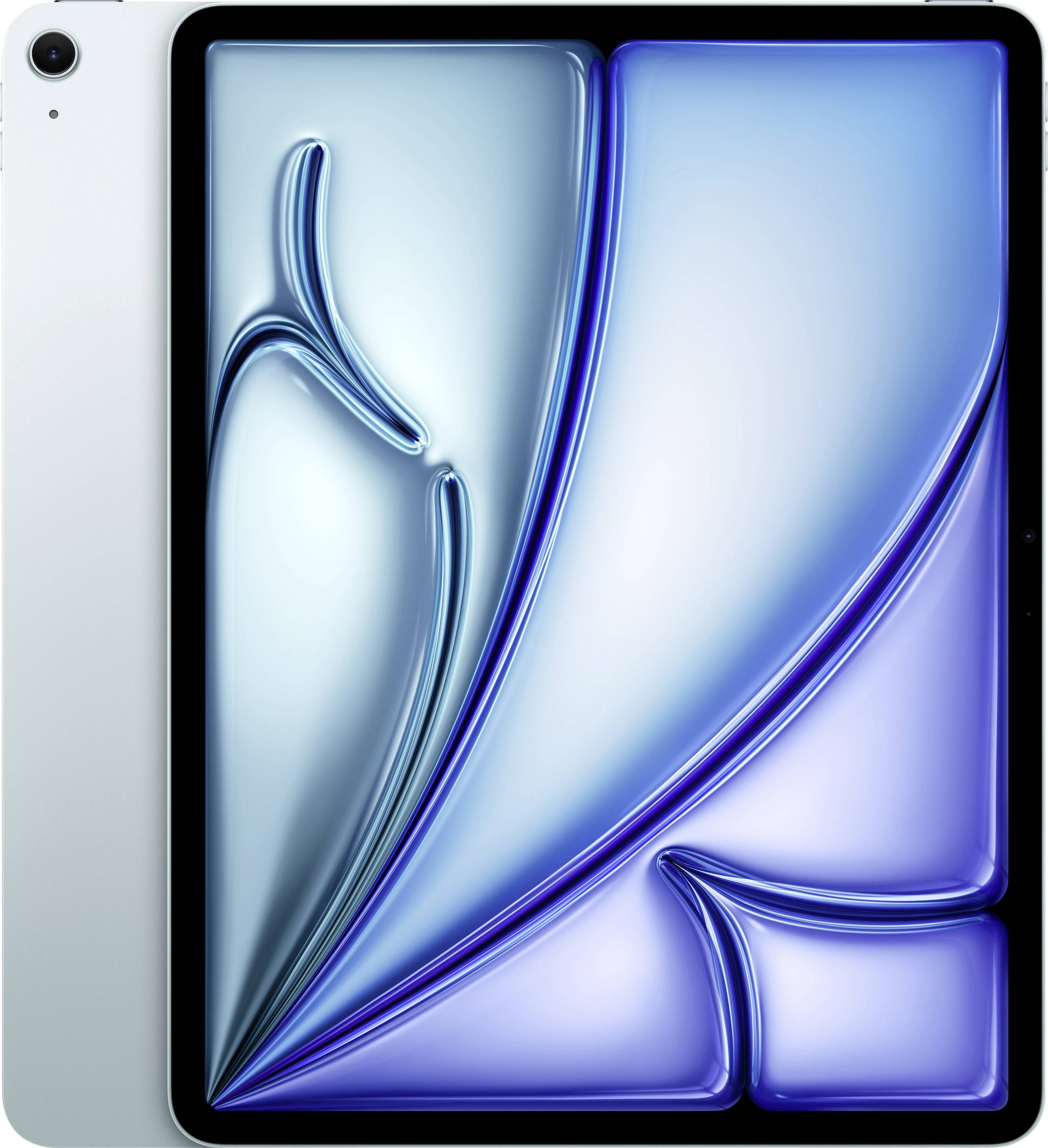 Ein elektronisches Tablet-Gerät mit silberner Rückseite und einem Bildschirm, der abstrakte blau-silberne Kunstwerke mit geschwungenen Linien und Formen anzeigt.