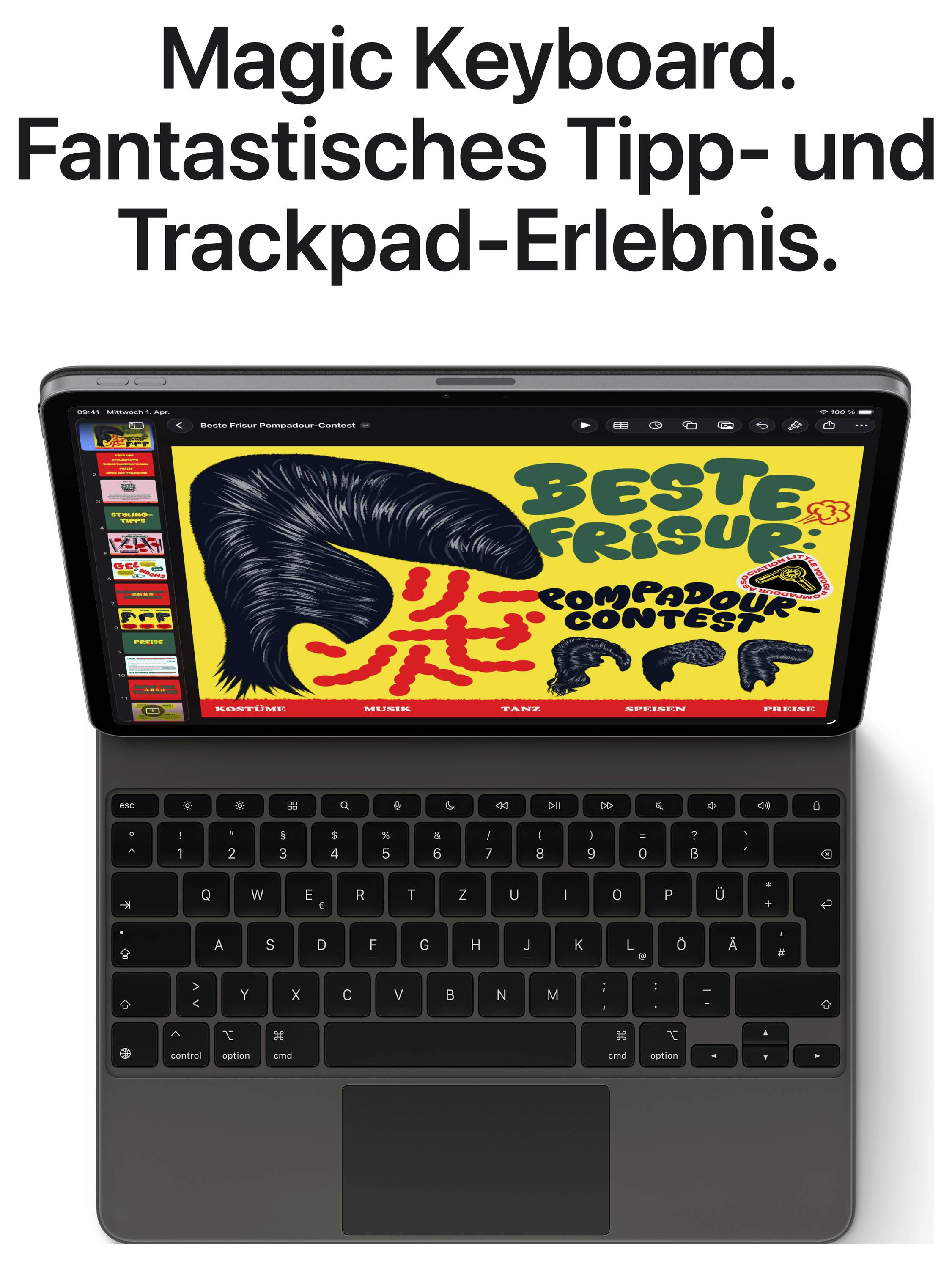 Eine Tablet-Tastatur-Kombination mit bunter Zeitschrift auf dem Bildschirm. Text: 'Magic Keyboard. Fantastisches Tipp- und Trackpad-Erlebnis.'