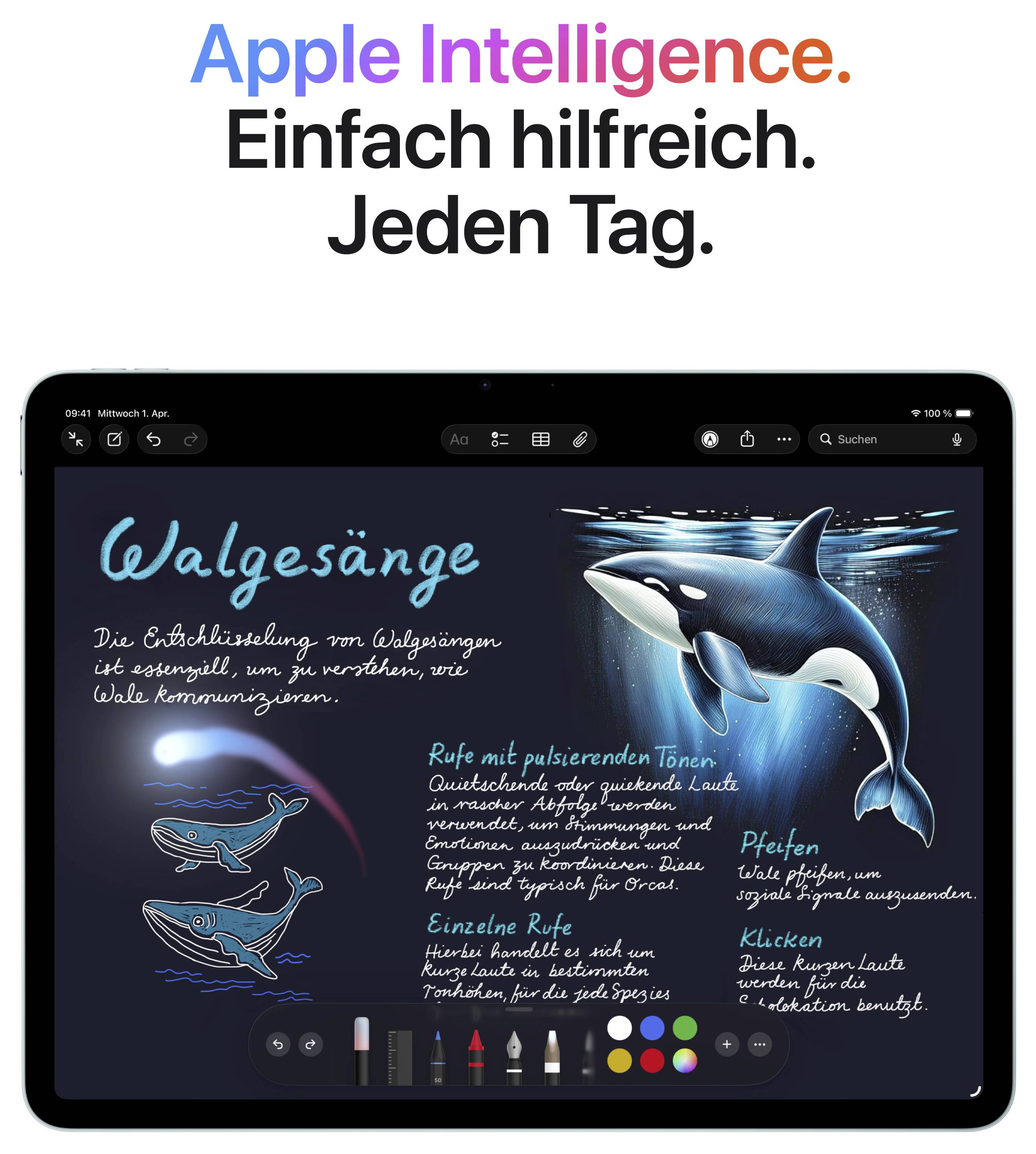 Ein iPad-Display zeigt eine Zeichnung von Walen mit Text über 'Walgesänge'. Oben steht: 'Apple Intelligence. Einfach hilfreich. Jeden Tag.'