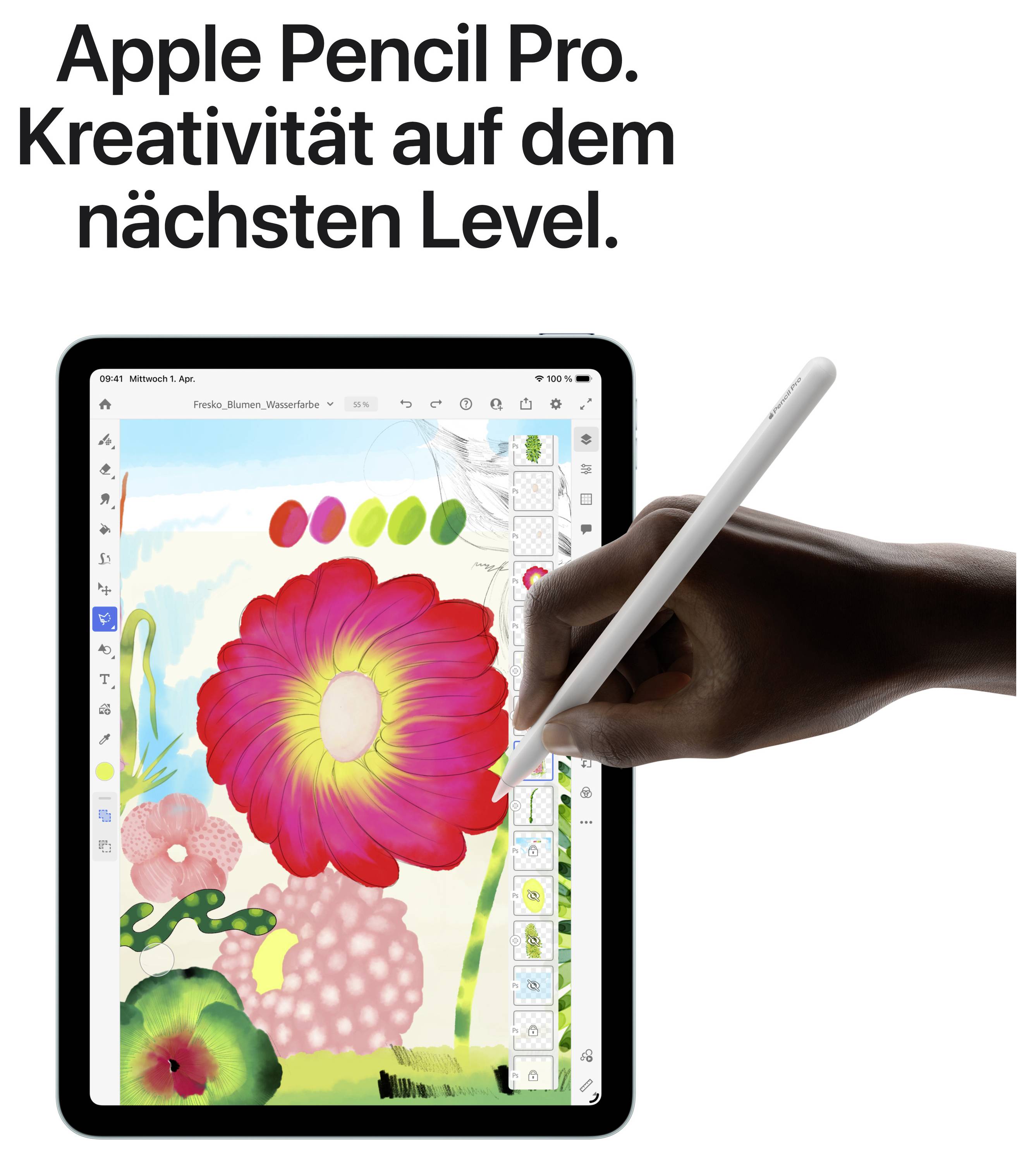 Ein Tablet zeigt ein buntes Blumenbild, bearbeitet mit einem Stift. Text oben: 'Apple Pencil Pro. Kreativität auf dem nächsten Level.'