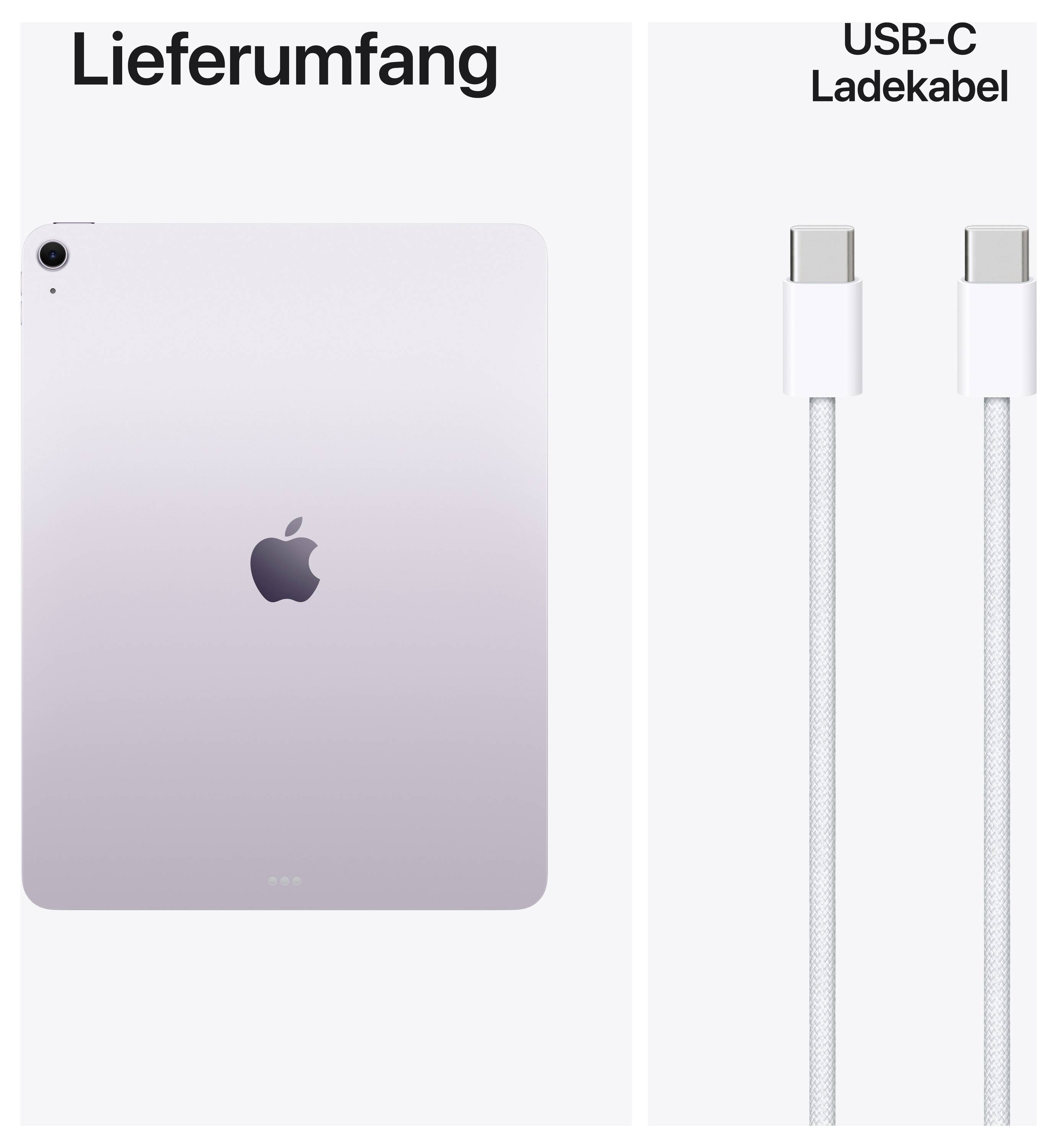 Tablet mit Apfellogo, daneben USB-C-Ladekabel mit Schriftzug 'Lieferumfang'.