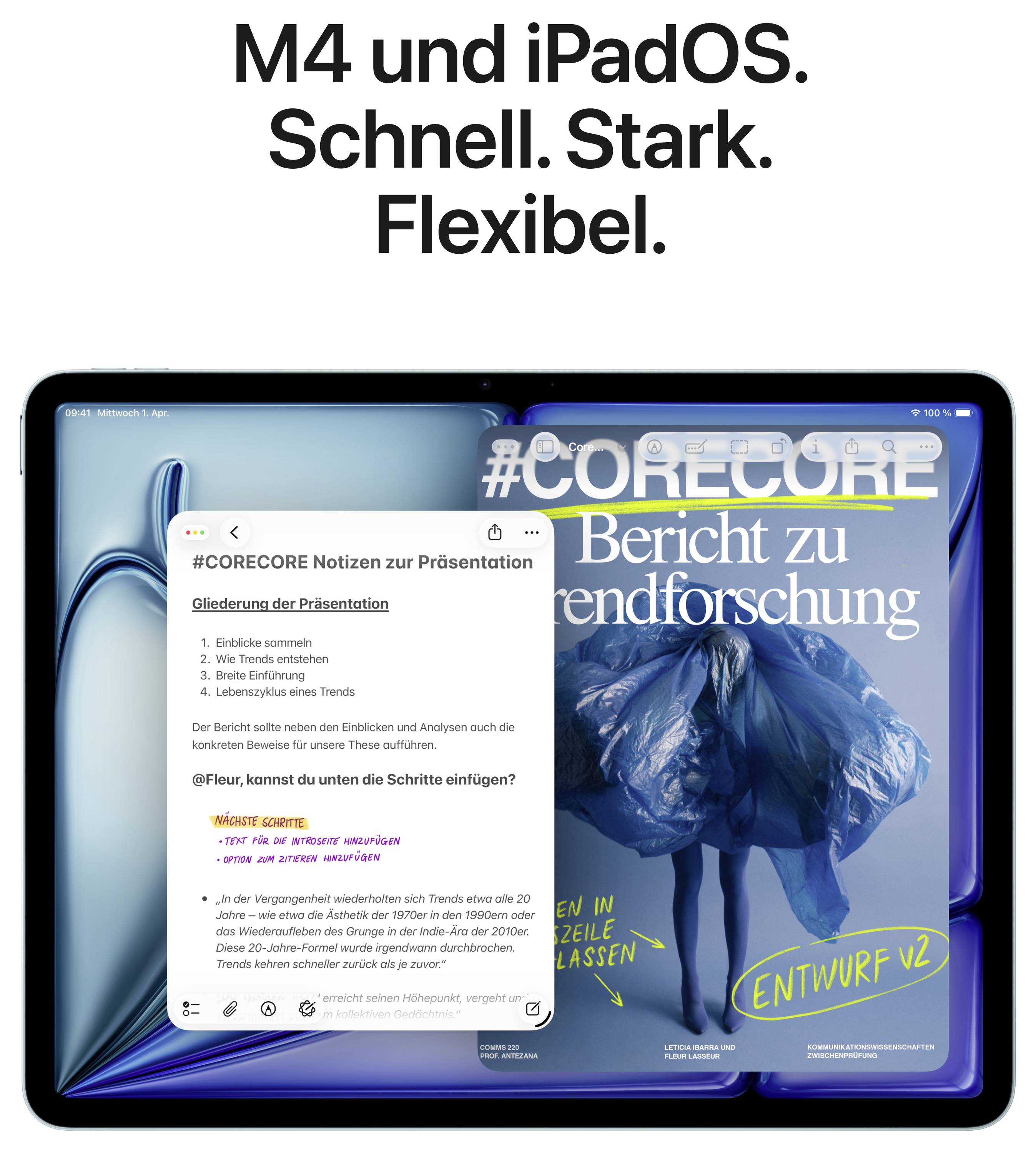 Ein Tablet, das eine digitale Notizen-App und ein digitales Magazincover mit dem Titel „Bericht zu Trendforschung