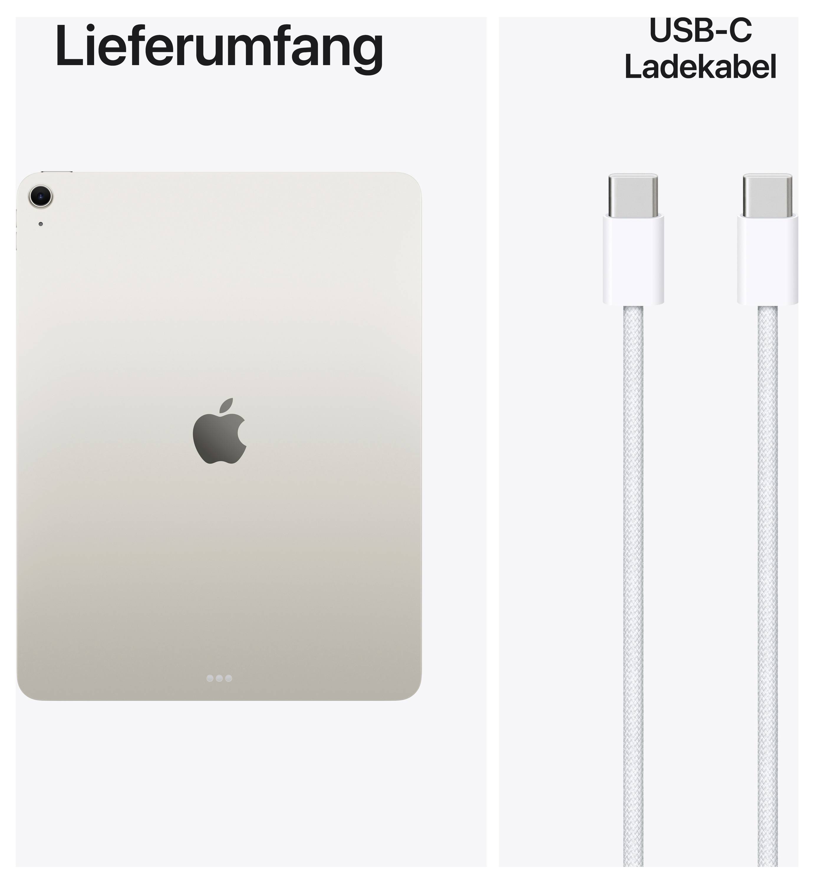 Tablet-Rückseite links mit Apple-Logo, rechts USB-C-Ladekabel vor weißem Hintergrund. Text: 'Lieferumfang' oben links, 'USB-C Ladekabel' oben rechts.