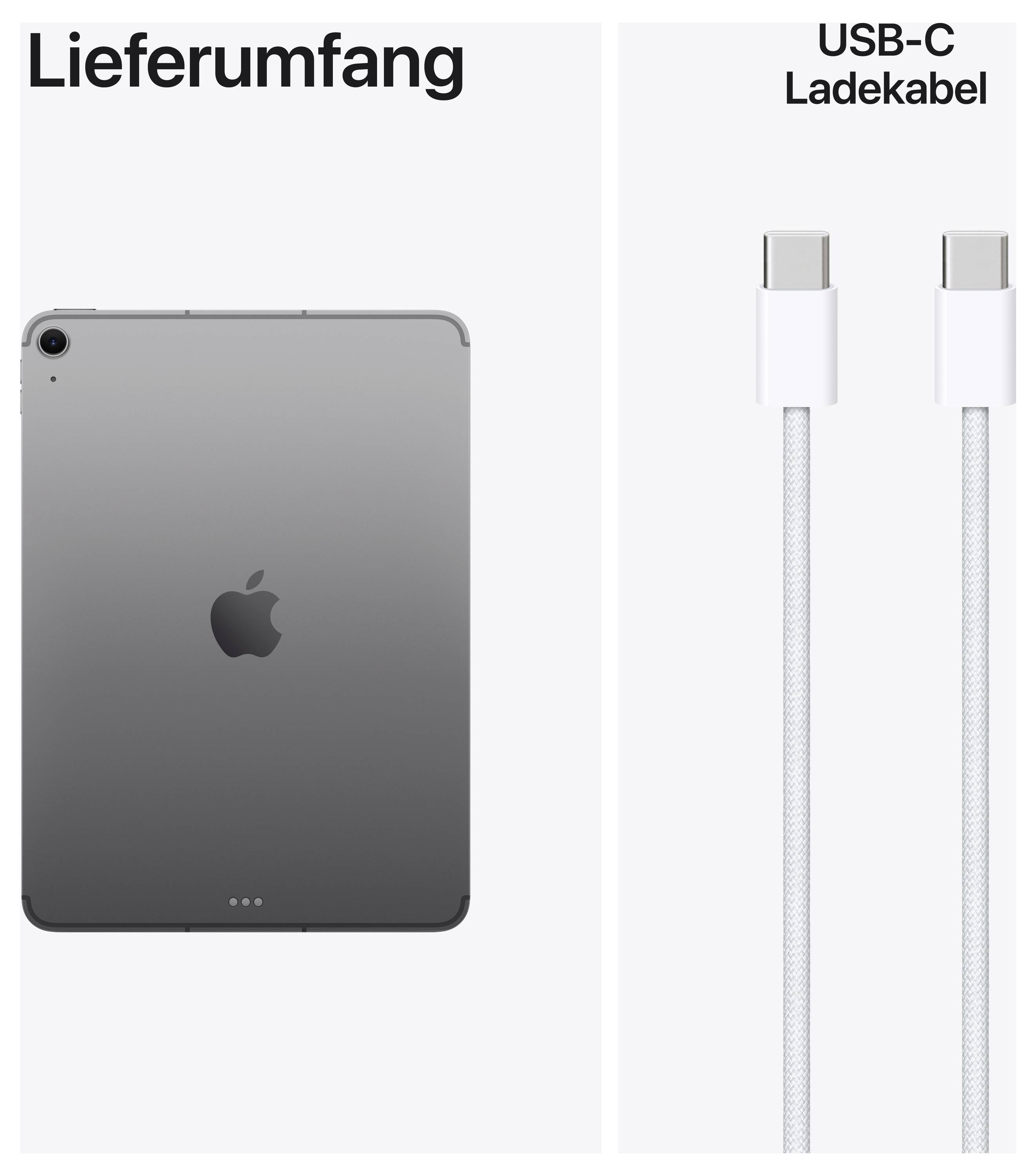 Lieferumfang: Rückseite eines Tablets und ein USB-C-Ladekabel abgebildet. Tablet zeigt Apfel-Logo. Kabel hat zwei Stecker.