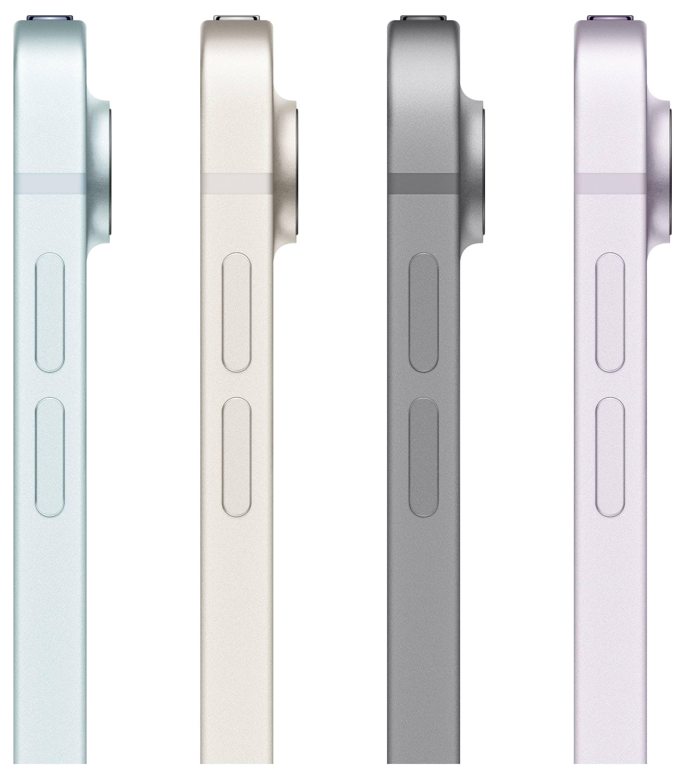 Vier Smartphones in Seitenansicht, die verschiedene Farben zeigen: Blau, Creme, Grau und Rosa, wodurch das Design des Kamerabuckels hervorgehoben wird.