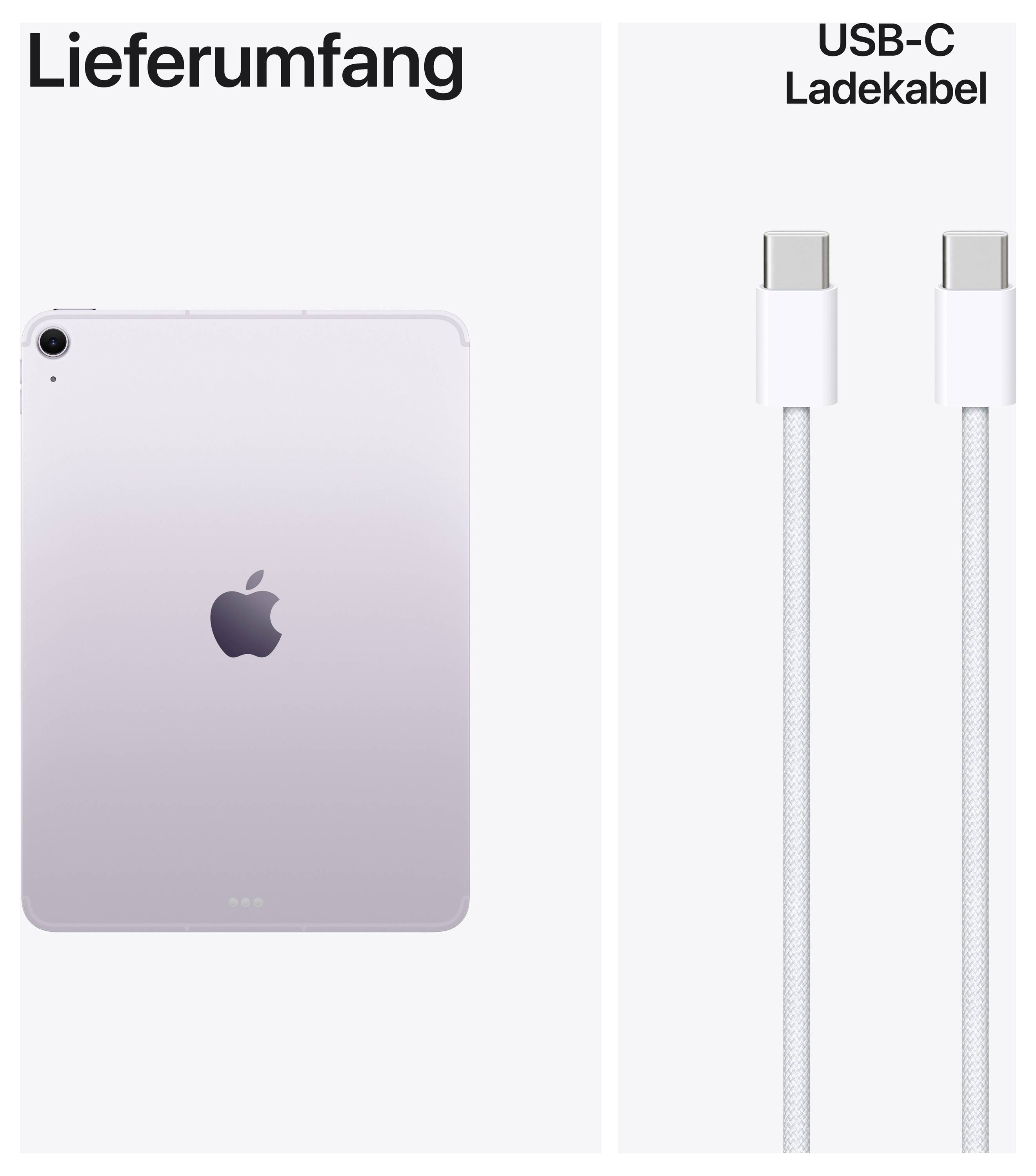 Tablet-Rückseite neben einem USB-C-Ladekabel. Oben links steht 'Lieferumfang', rechts oben 'USB-C Ladekabel'.