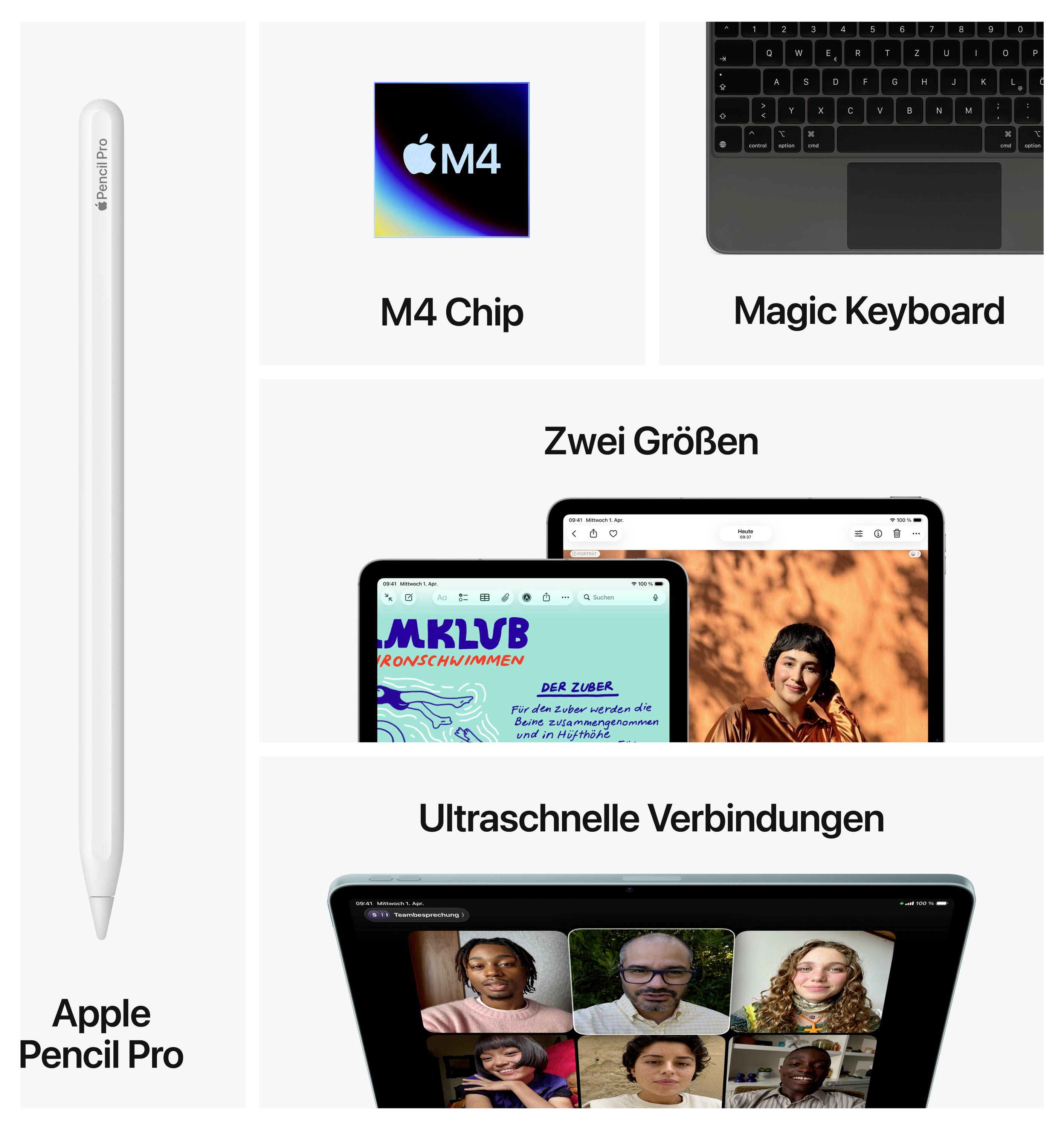 Apple iPad: 'M4 Chip', 'Magic Keyboard', 'Apple Pencil Pro'. 'Zwei Größen', 'Ultraschnelle Verbindungen'. Gesichter auf Bildschirmen.
