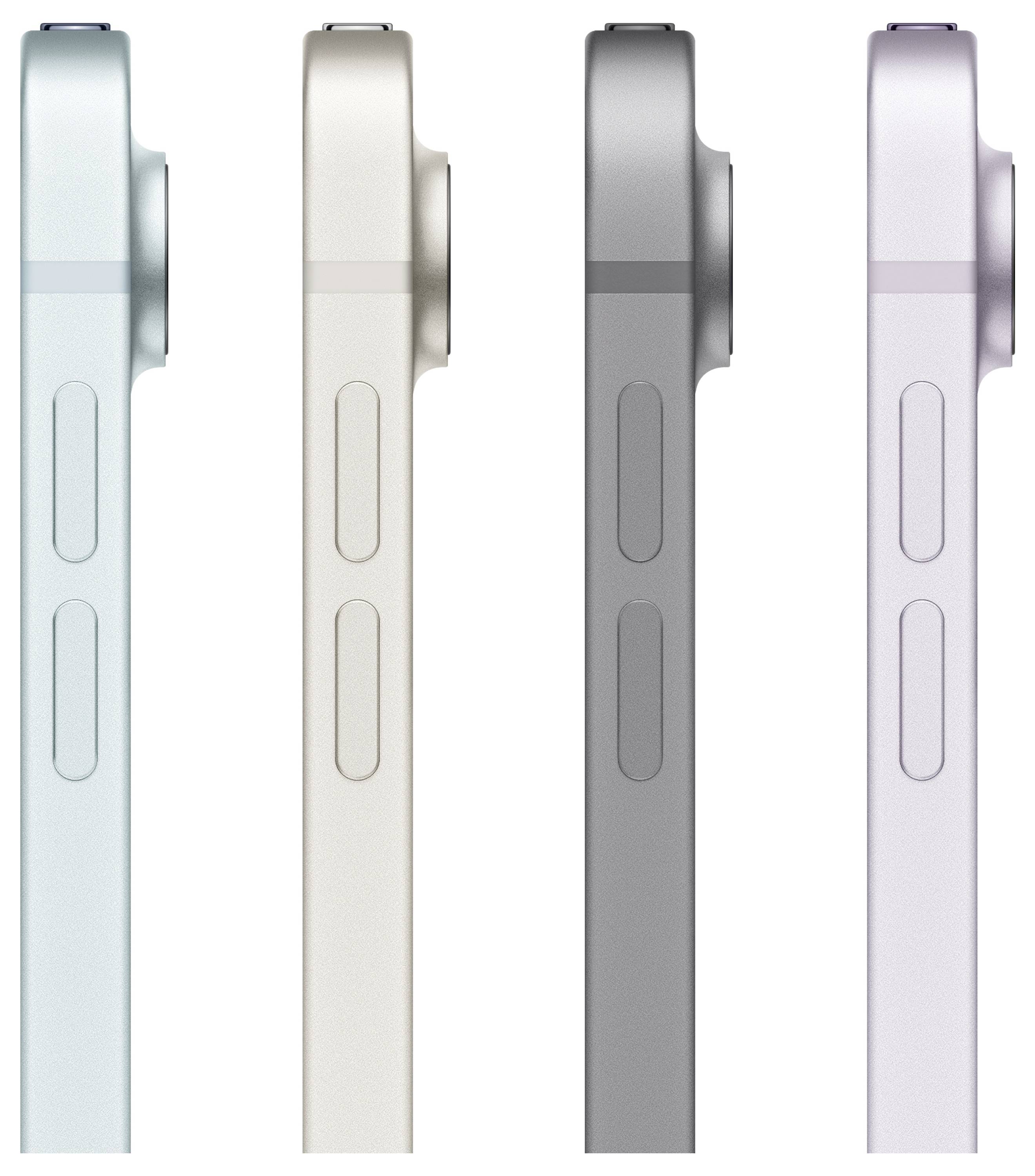 Seitenansicht von vier Smartphones in verschiedenen Farben: Hellblau, Beige, Grau und Flieder, die schlankes Design und Kamerabuckel zeigen.