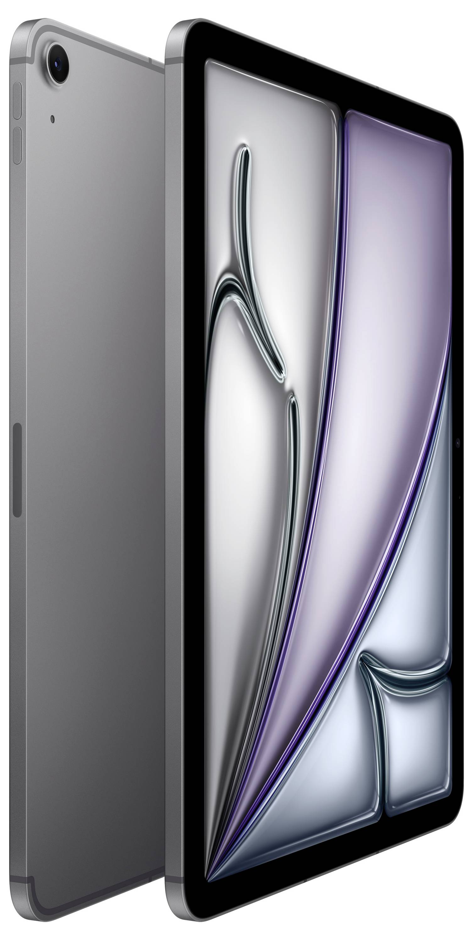 Ein elegantes, modernes Tablet mit silbernem Finish und einem farbenfrohen abstrakten Design auf dem Bildschirm, aus einem seitlichen Winkel gezeigt.