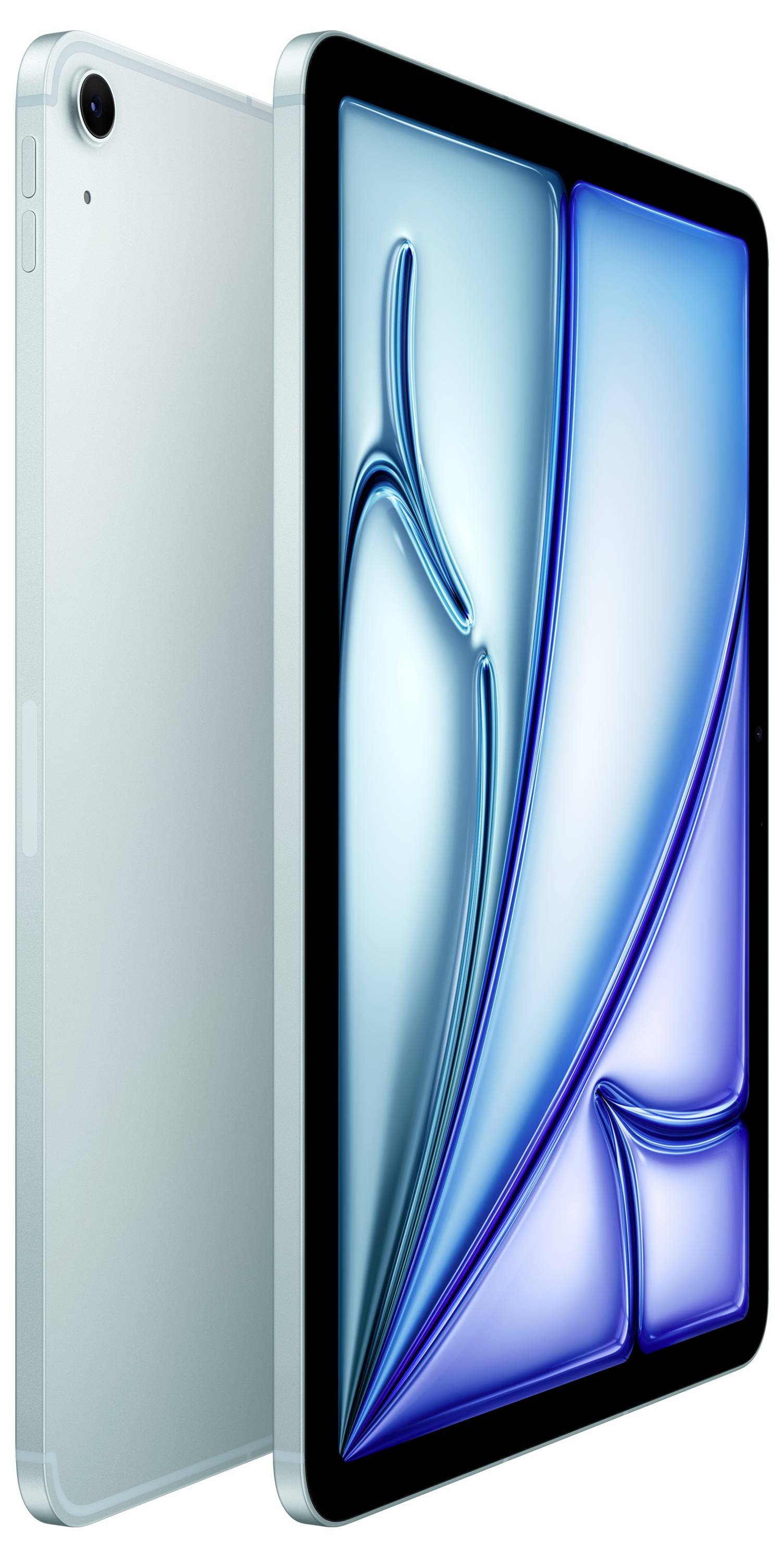 Ein hellblaues Tablet mit schlankem Design, auf dem ein lebendiges abstraktes digitales Kunstwerk auf dem Bildschirm zu sehen ist.