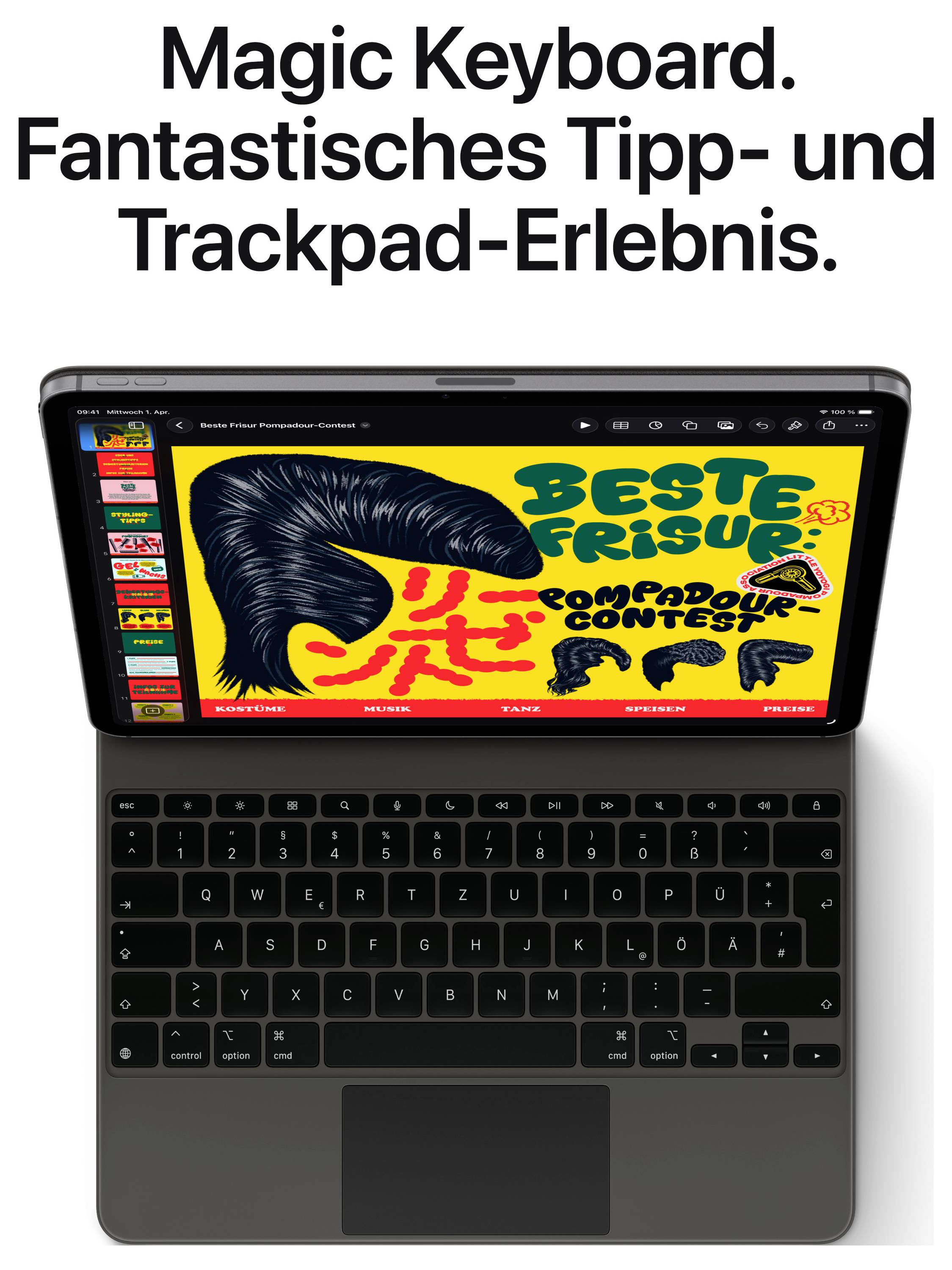 Laptop mit offenem Display und Tastatur. Bildschirm zeigt bunte Grafik mit Text 'BESTE FRISEUR'. Oben Text: 'Magic Keyboard. Fantastisches Tipp- und Trackpad-Erlebnis.'