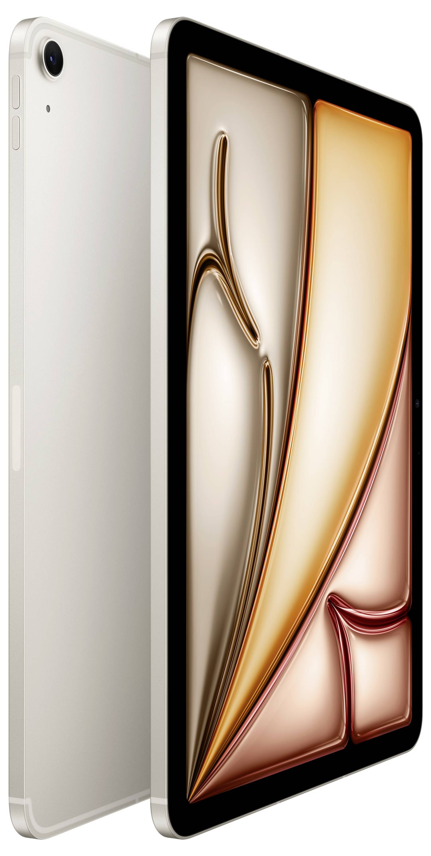 Eine schlanke, metallische Tablette mit einem großen, lebendigen Display, das abstrakte, fließende Formen in Goldtönen, Orange und Beige zeigt.