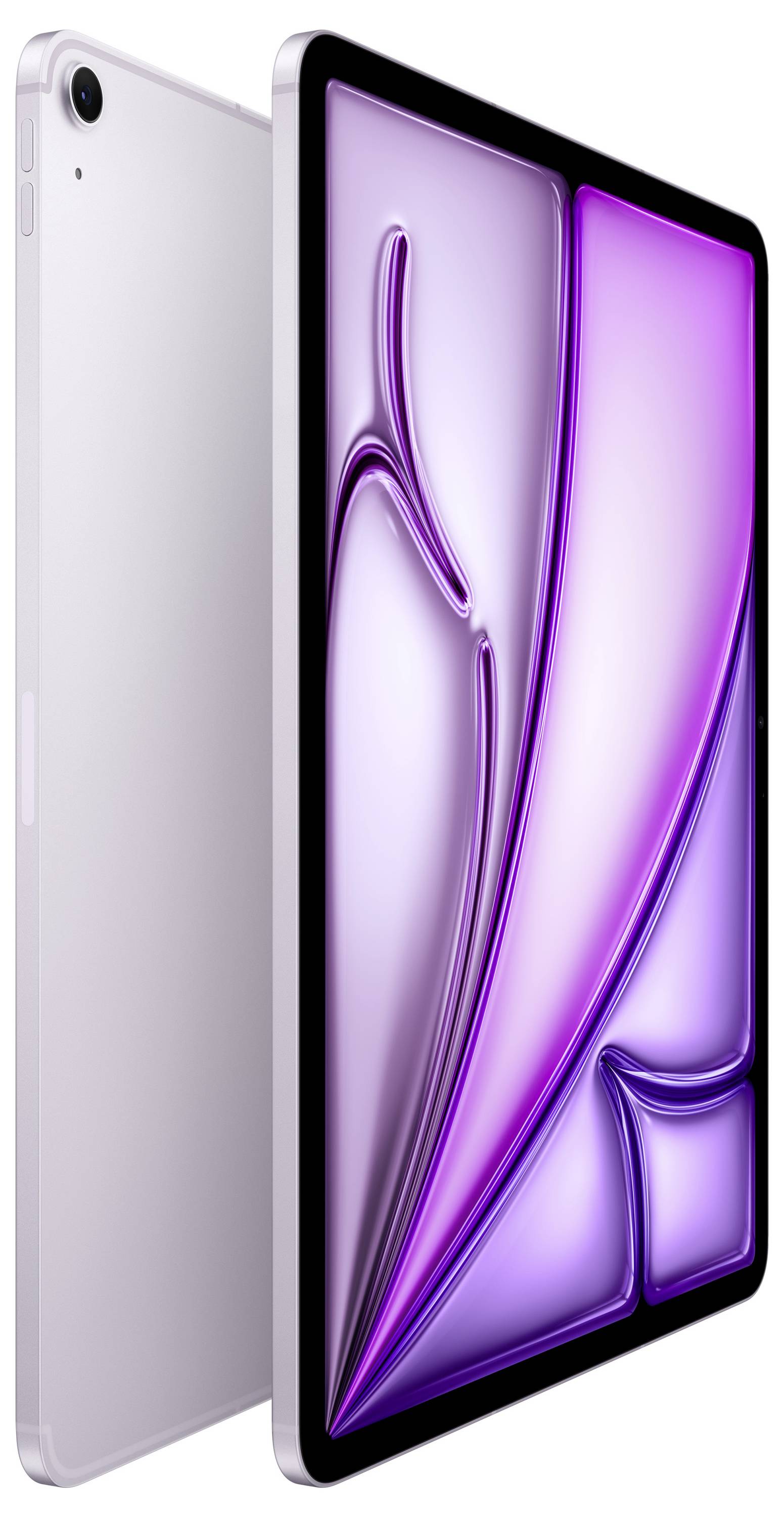 Ein elegantes Tablet mit einem lebendigen abstrakten Lila-Design auf dem Bildschirm, aus einem Winkel betrachtet, das sein schlankes Profil zeigt.