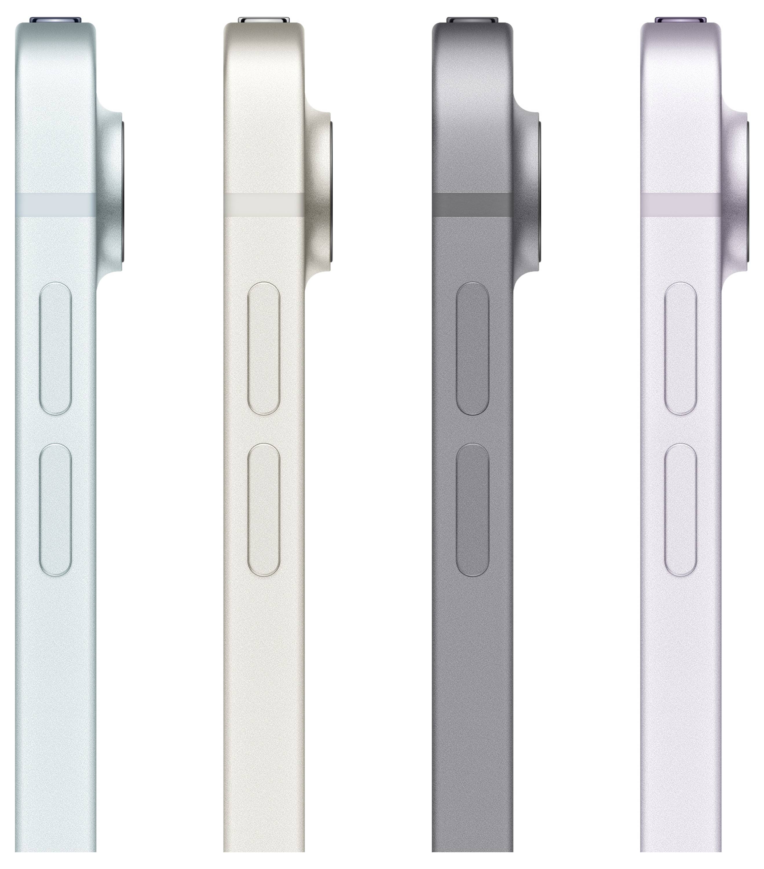 Vier Smartphones in verschiedenen Farben von der Seite gezeigt, wobei die Kamerabeule und die Platzierung der Tasten hervorgehoben werden.