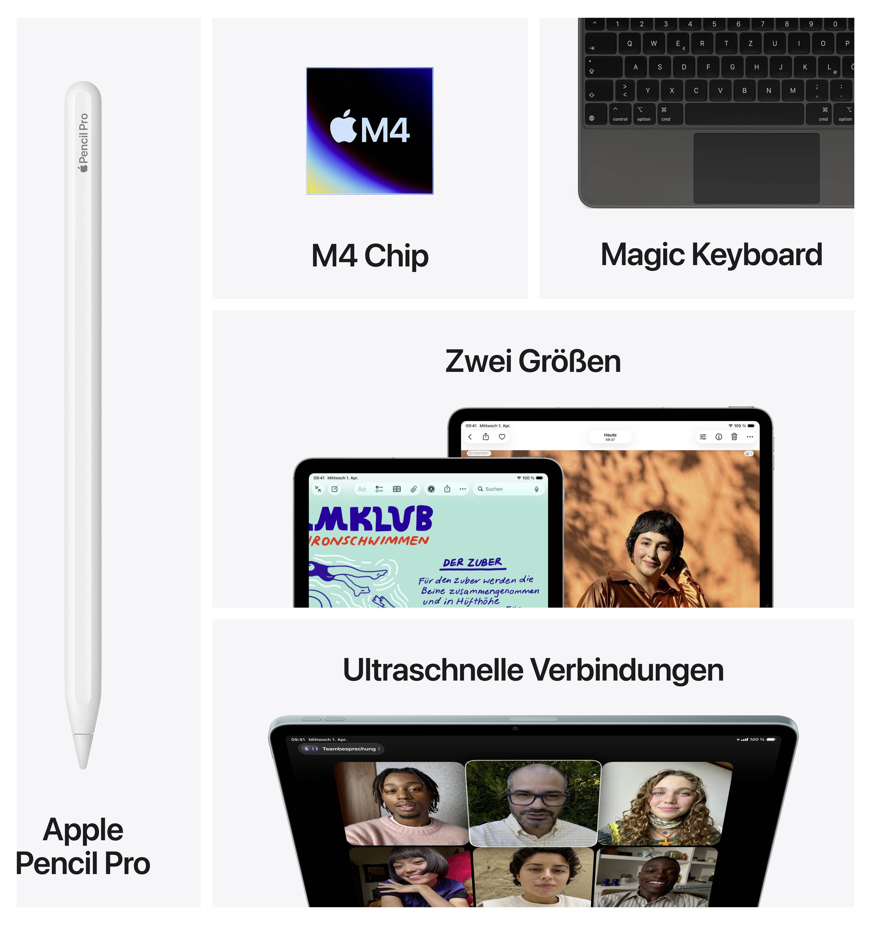 Das Bild zeigt Apple-Produkte: Apple Pencil Pro, M4 Chip, Magic Keyboard, zwei iPads mit unterschiedlichen Größen und ultraschnelle Verbindungen.