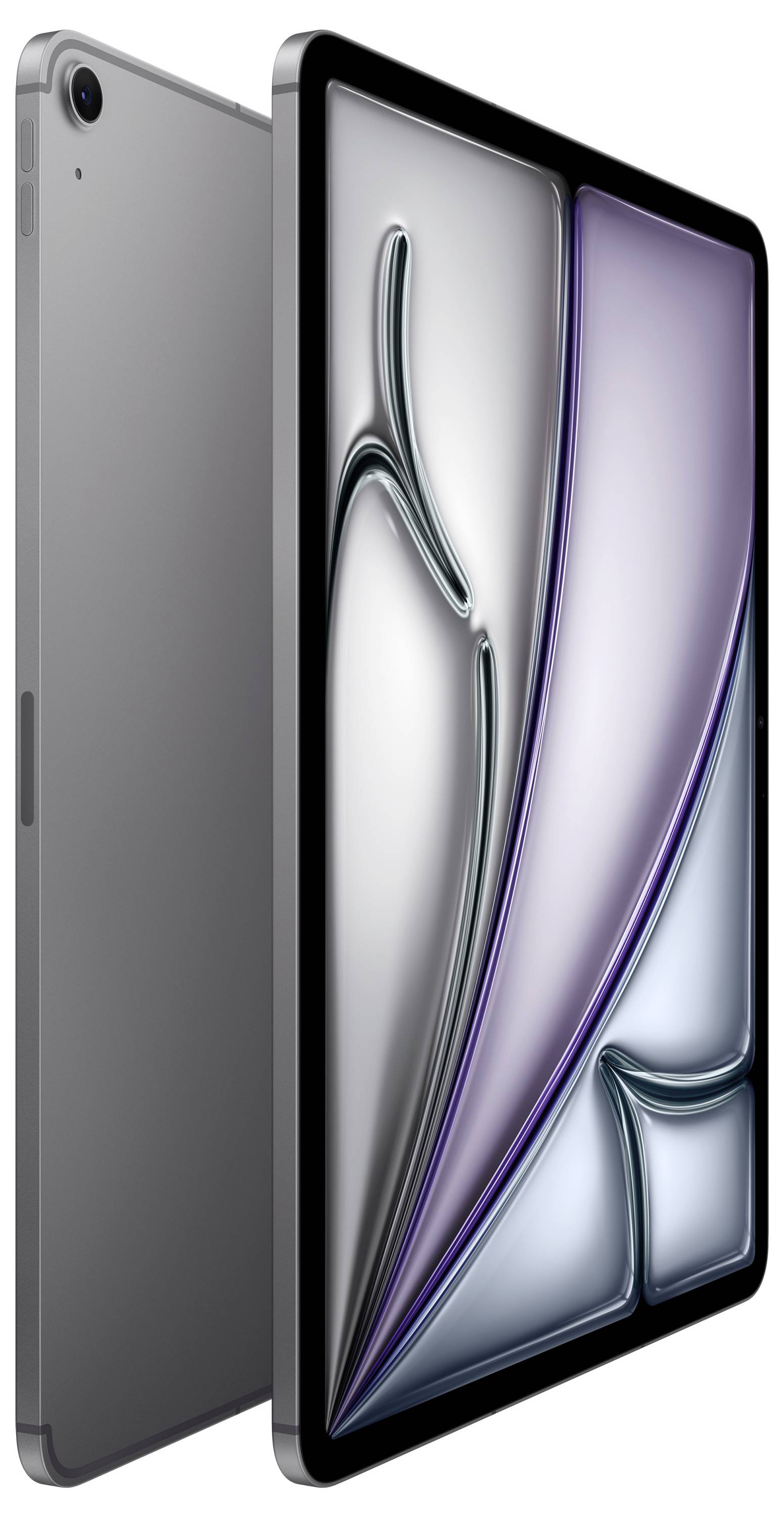 Ein schlankes, modernes Tablet mit metallischer Oberfläche, dargestellt mit einem abstrakten Display-Design, vor einem weißen Hintergrund.