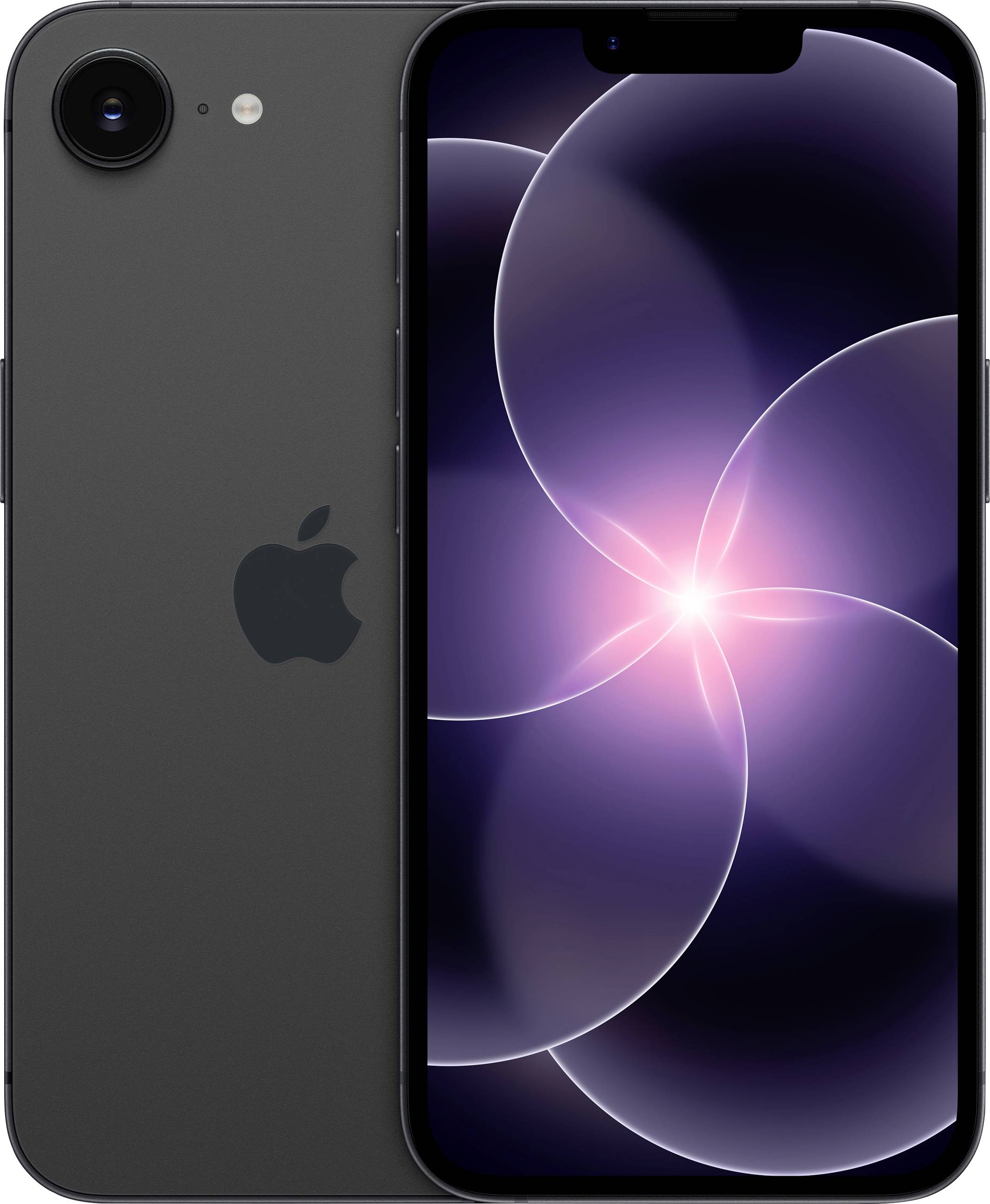 Ein Smartphone zeigt einen abstrakten Hintergrund in Violett und Schwarz mit kreisförmigen Lichtmustern. Das Gerät hat ein elegantes schwarzes Design.