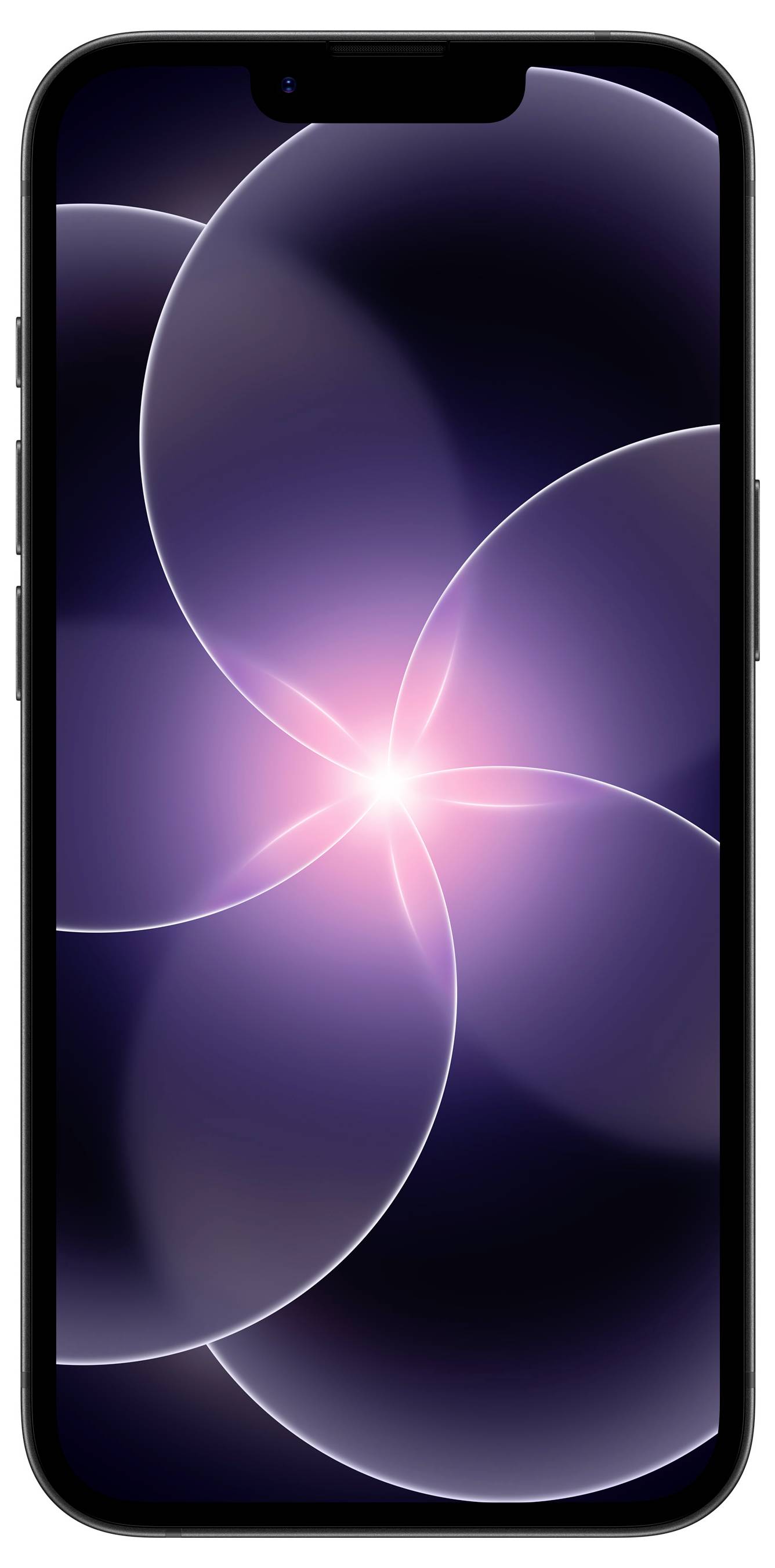 Ein Smartphone zeigt einen lebendigen, abstrakten Hintergrund mit überlagerten Kreisen, die in der Mitte in Farbtönen von Lila und Rosa leuchten.