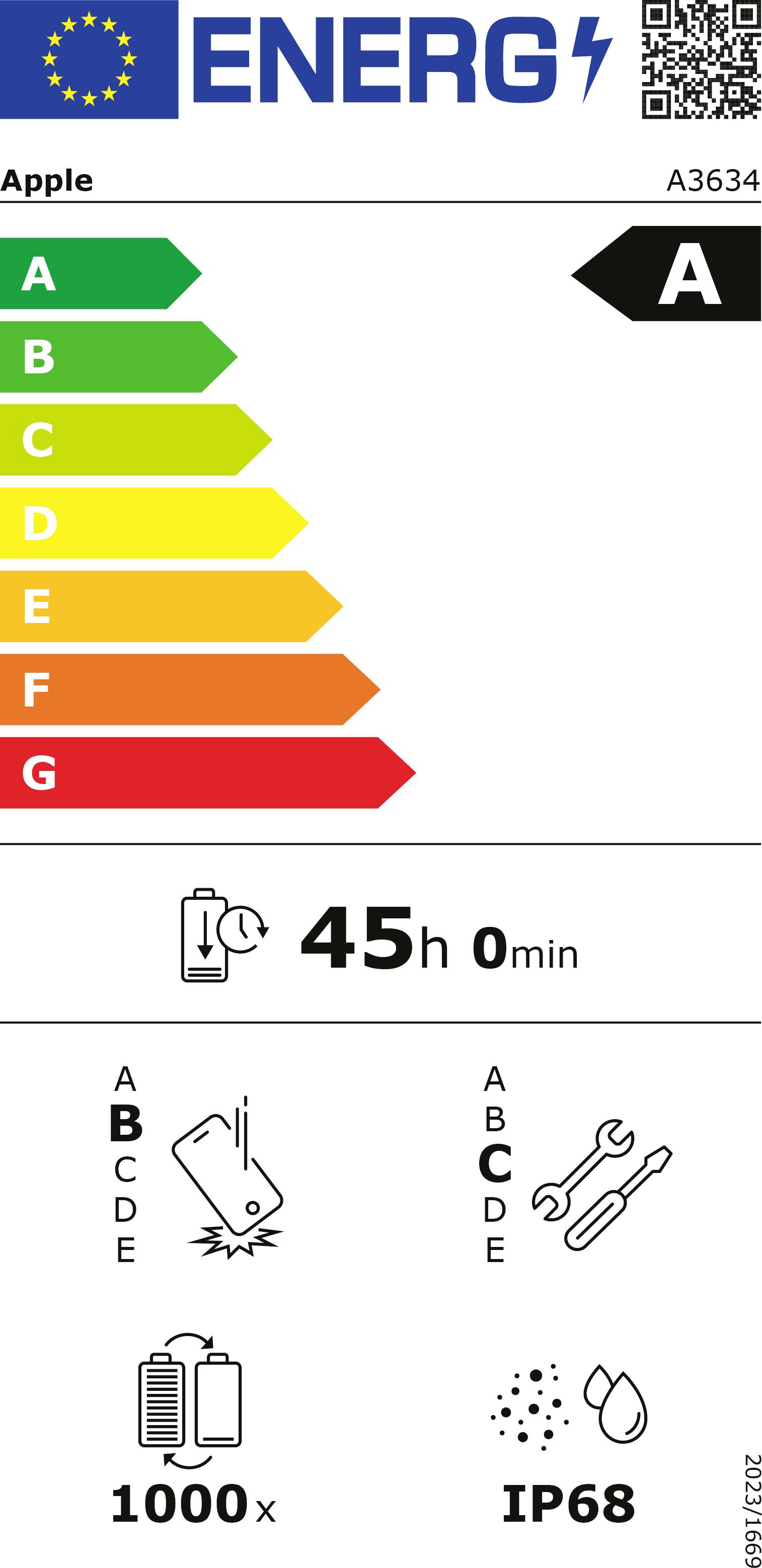 Energielabel mit Energieklasse A, 45 Stunden Akkulaufzeit, über 1.000 Verwendungen, IP68-Wasserdichtheit und Apple-Modell A3634.