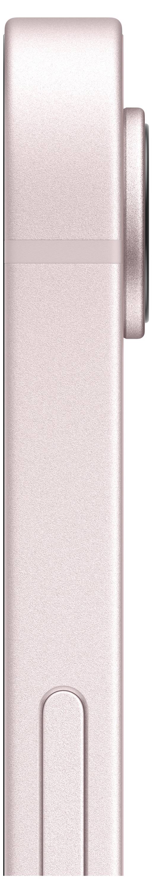 Seitenansicht eines schlanken, rosa Smartphones, das sein dünnes Profil und den Kamerabuckel auf der Rückseite zeigt.