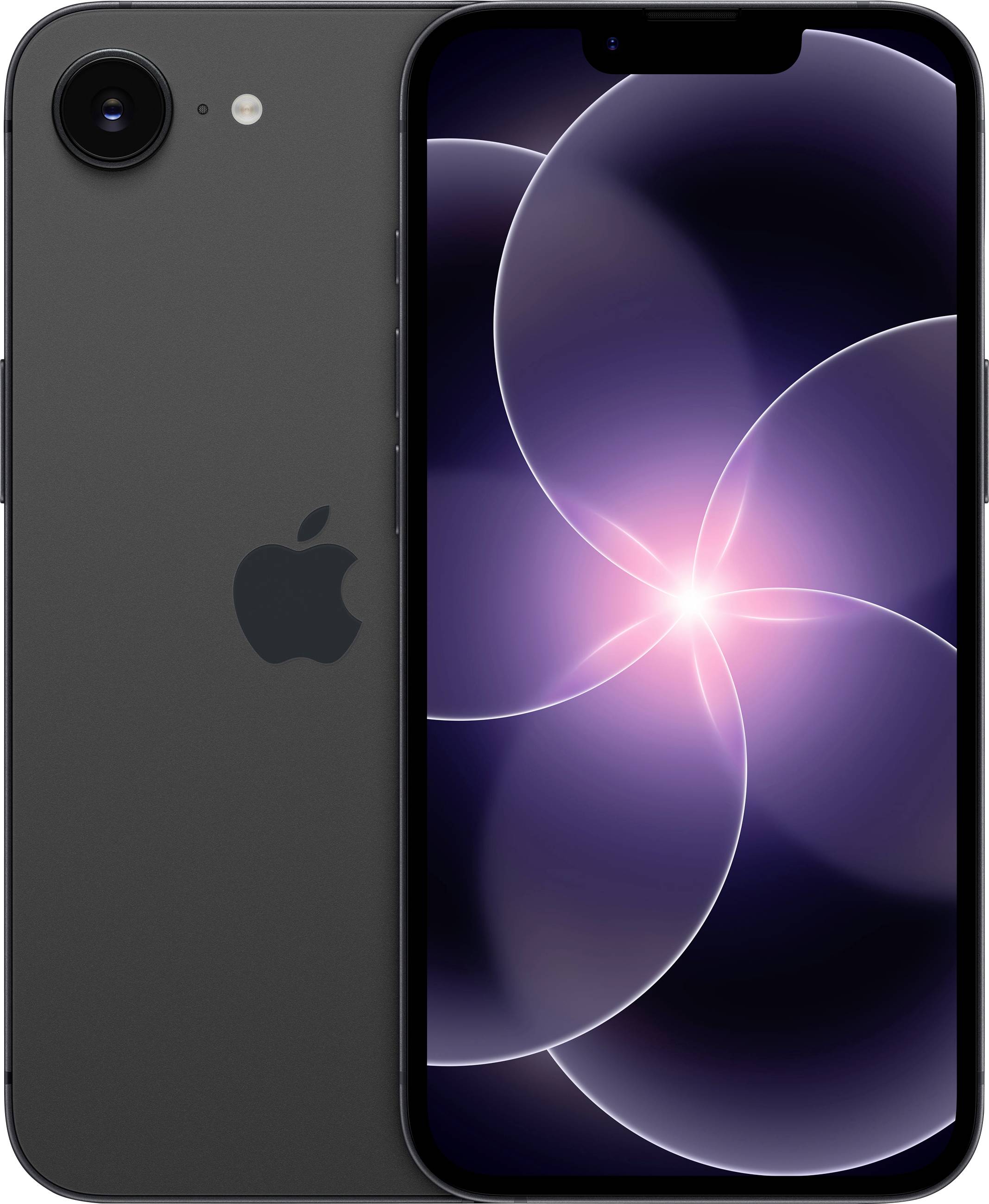 Ein schwarzes Smartphone mit einem leuchtenden kreisförmigen abstrakten Muster auf dem Bildschirm, das das Apple-Logo auf der Rückseite anzeigt.