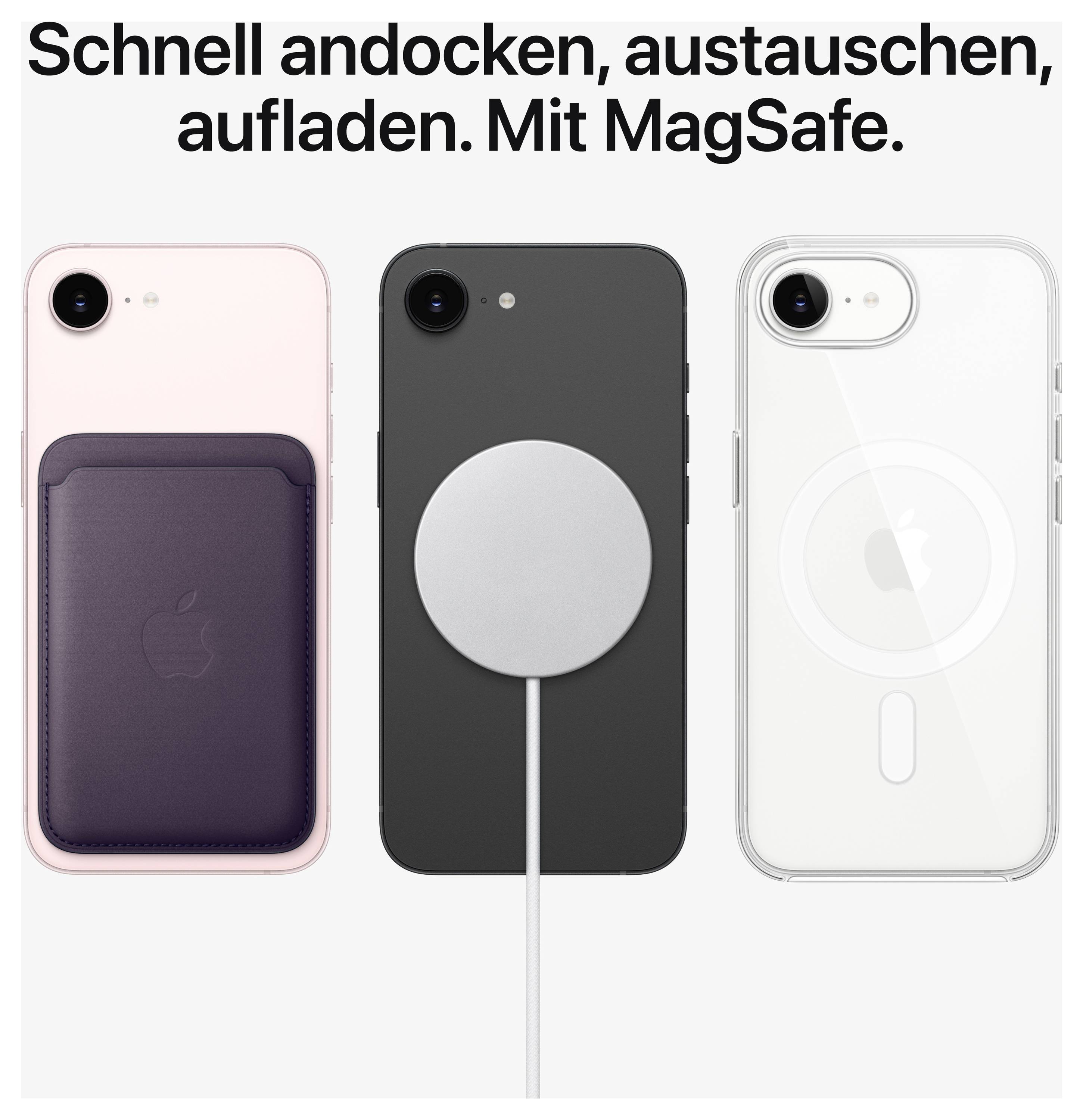 Drei iPhones mit MagSafe-Zubehör: rosa mit Kartenetui, schwarzes mit Ladegerät, weißes transparent. Text: Schnell andocken, austauschen, aufladen.