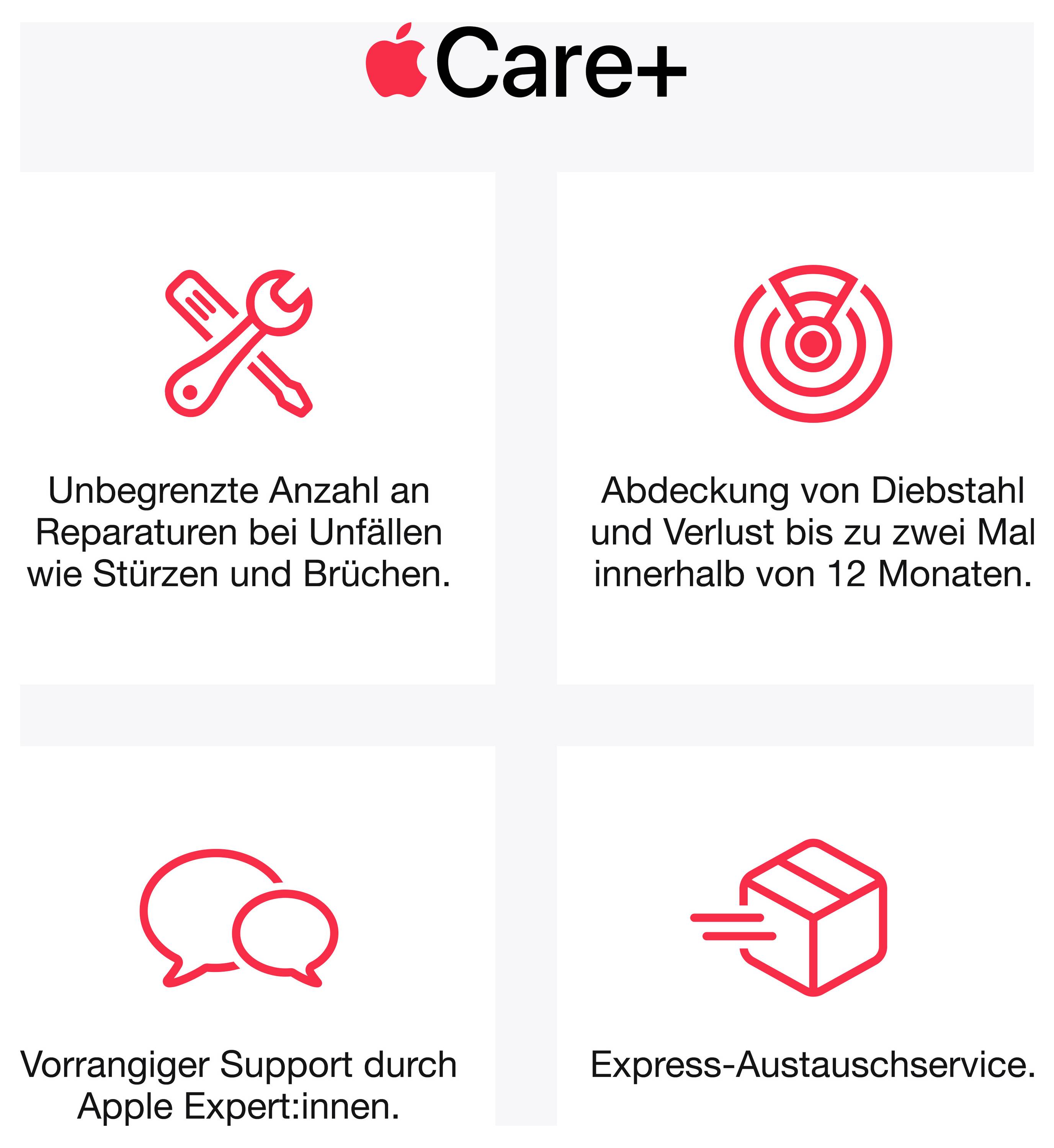 AppleCare+ bietet unbegrenzte Reparaturen bei Unfällen, Diebstahlschutz, Expertensupport und Express-Austauschservice.