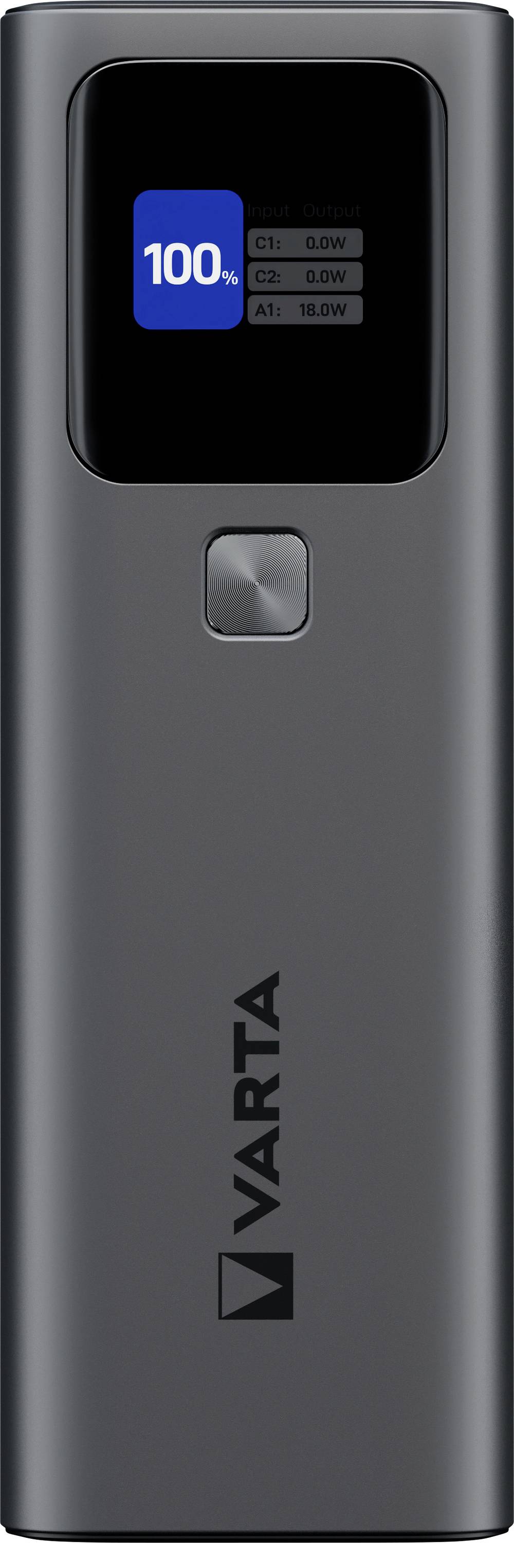 Eine elegante, rechteckige schwarze Powerbank mit digitaler Anzeige, die „100 %