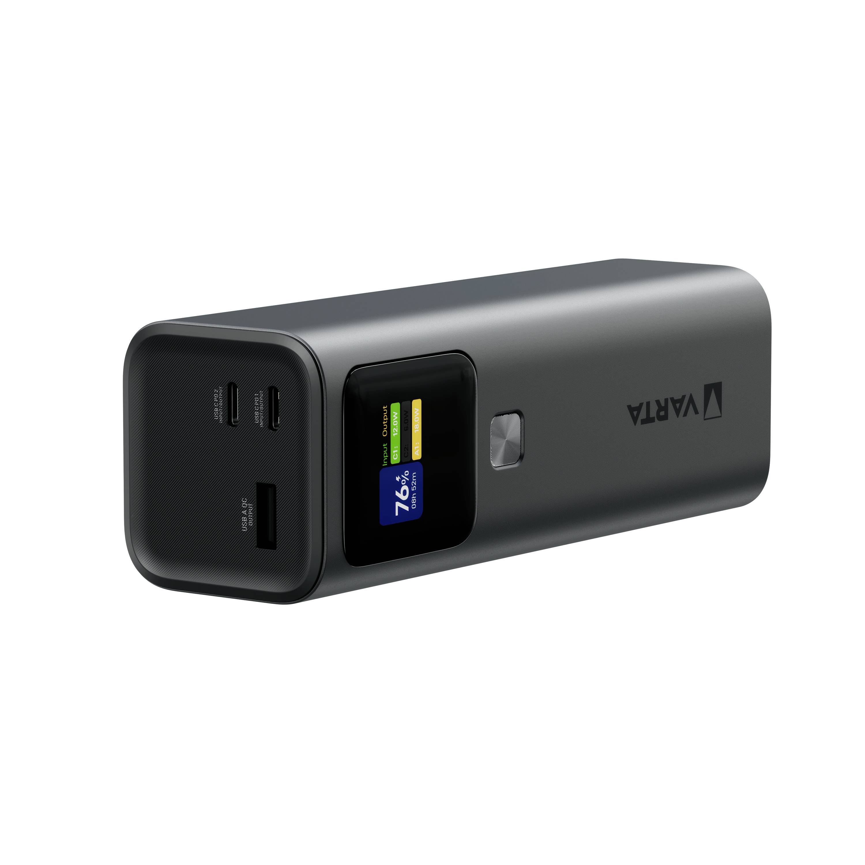 Eine tragbare Powerbank mit einem kleinen Display, das „76 %