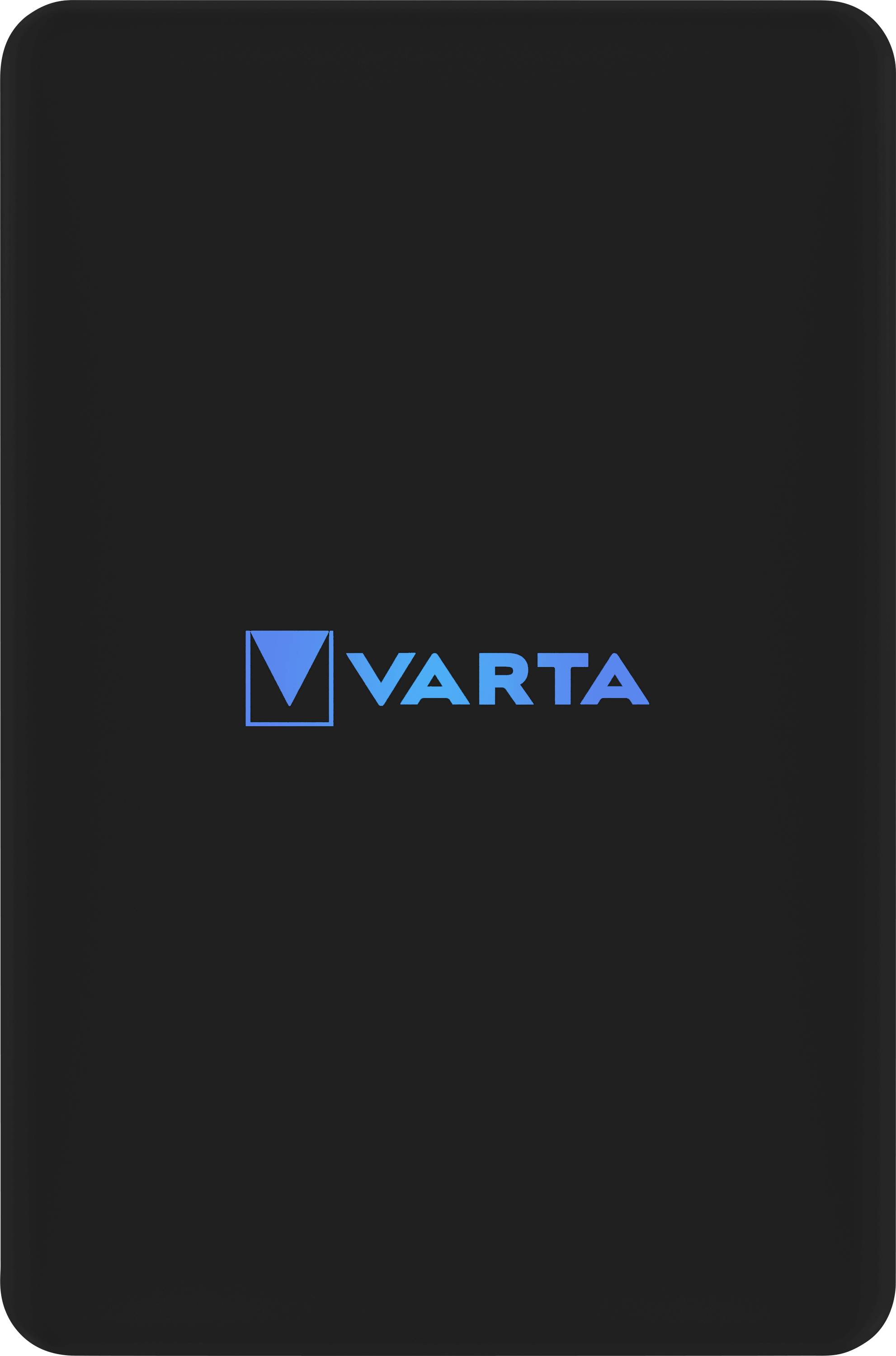 Eine schwarze Varta-Powerbank mit zentriertem Markenlogo in Blau.