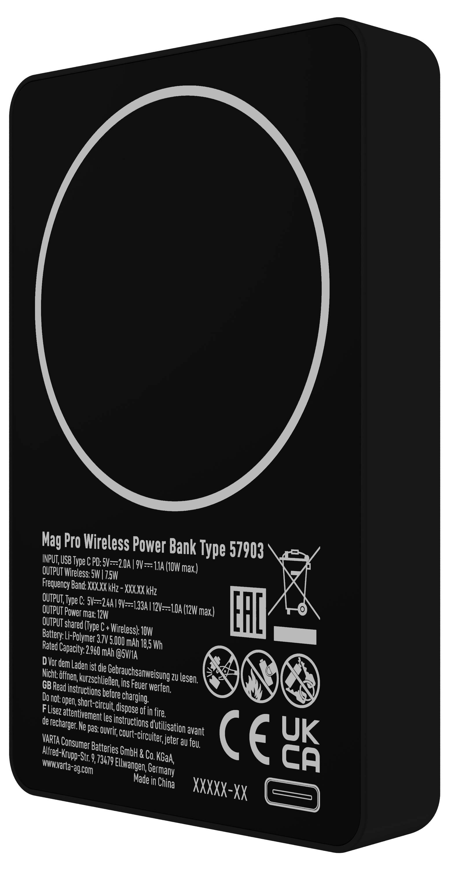 Eine schwarze kabellose Powerbank mit einer kreisförmigen Ladefläche und aufgedruckten Spezifikationen, einschließlich „Mag Pro Wireless Power Bank Typ 57903