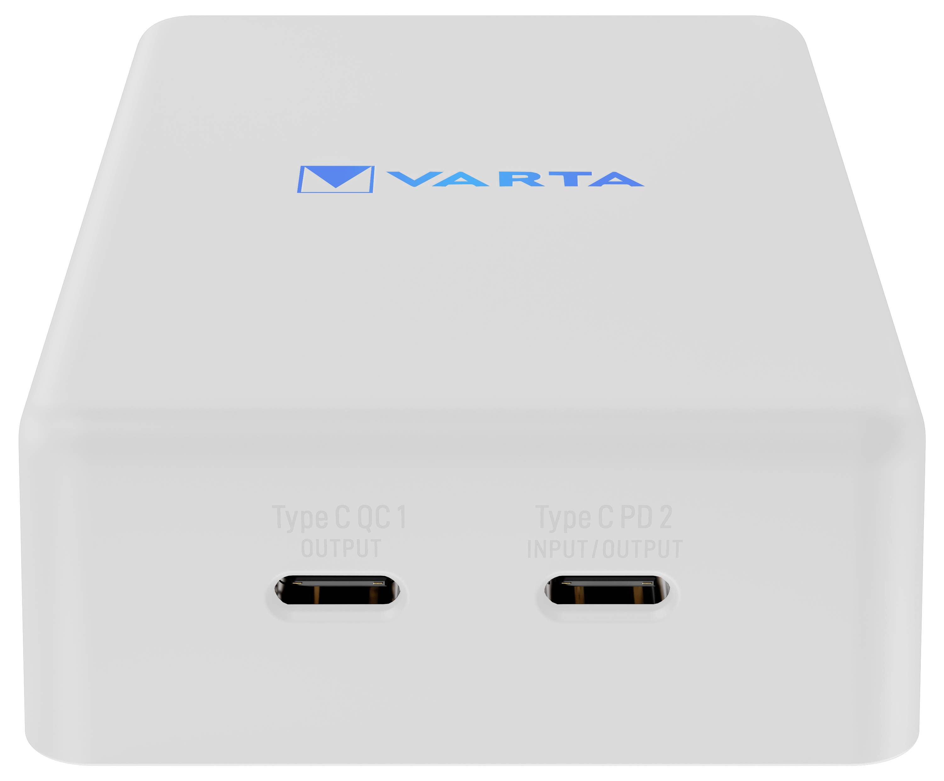 „Eine weiße Varta-Powerbank mit zwei USB-Type-C-Anschlüssen mit den Bezeichnungen „Type C QC 1 Output