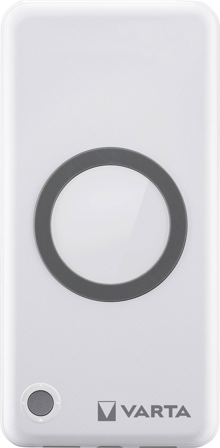 Weiße Varta-Powerbank mit kreisförmigem Design in der Mitte und einem Knopf unten links. Markenname 'VARTA' angezeigt.